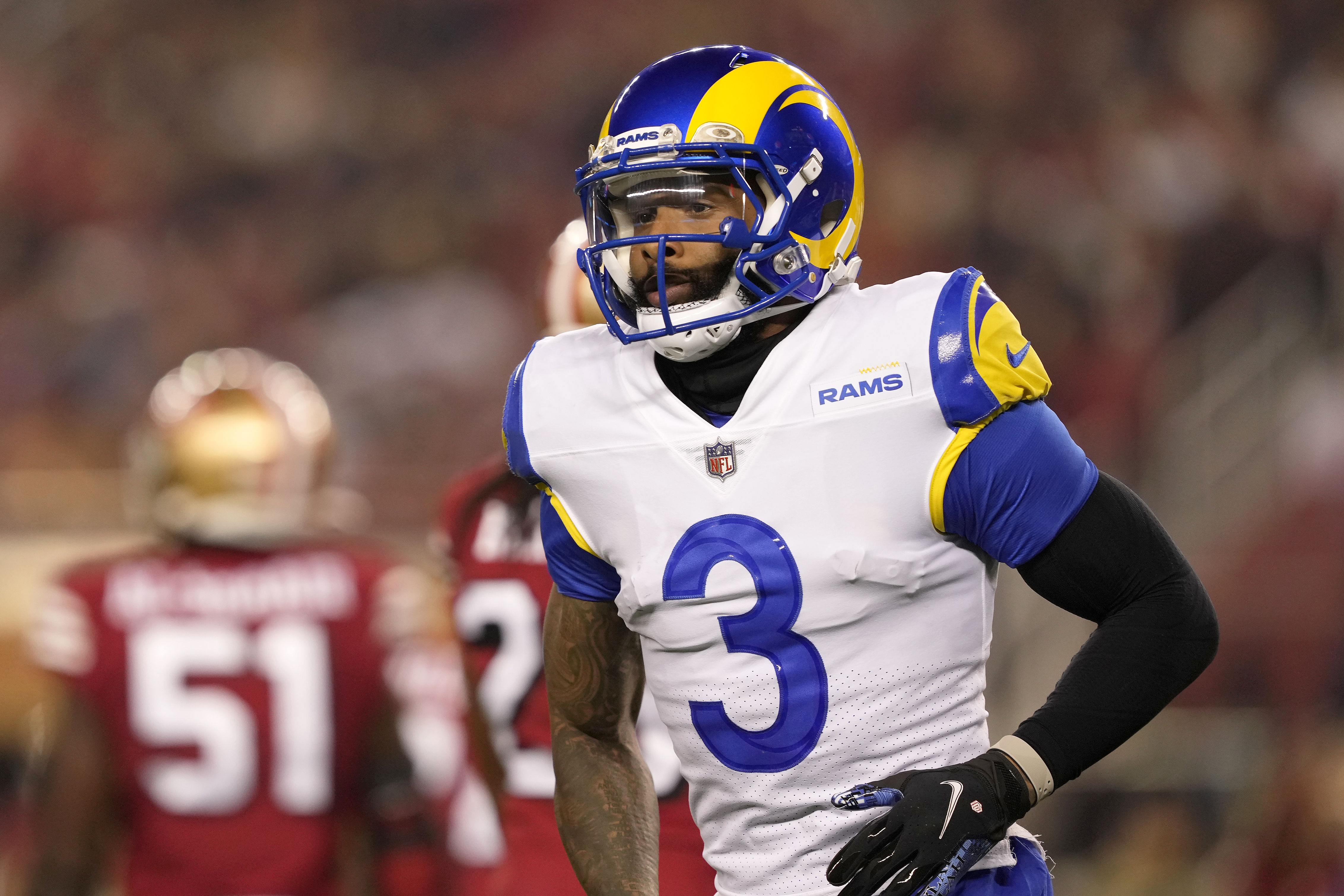 Los Angeles Rams wide receiver Odell Beckham Jr. (3) jogs on the field during the first half of an NFL football game against the San Francisco 49ers in Santa Clara, Calif., Monday, Nov. 15, 2021. (AP Photo/Tony Avelar)