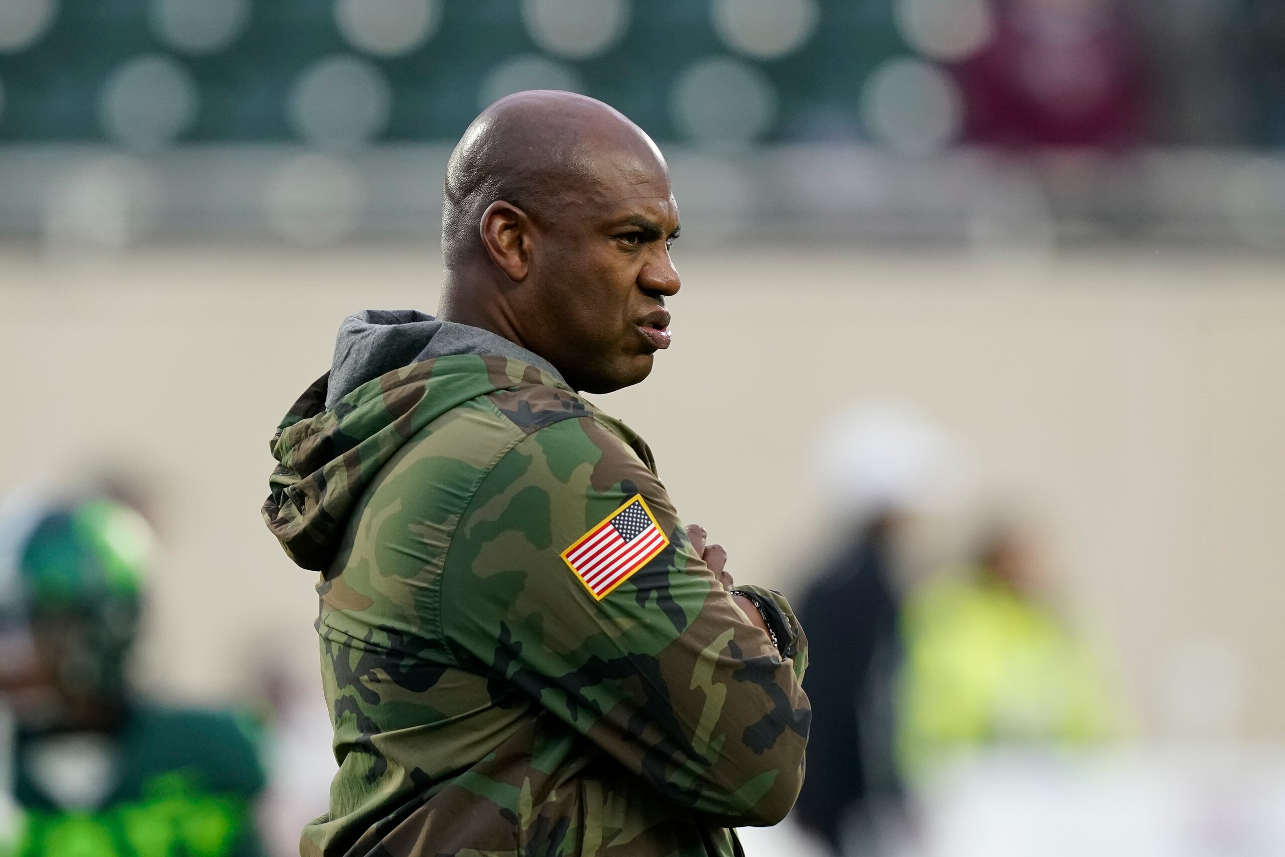 Michigan State head coach Mel Tucker is seen during warmups before the first half of an NCAA college football game against Maryland, Saturday, Nov. 13, 2021, in East Lansing, Mich. (AP Photo/Carlos Osorio)