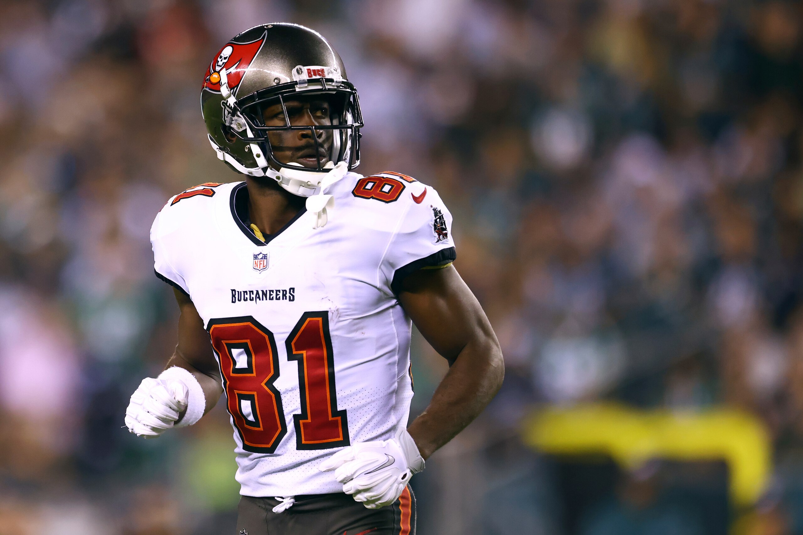 Tampa Bay Buccaneers wide receiver Antonio Brown (81) looks on against the Philadelphia Eagles during an NFL football game, Thursday, Oct. 14, 2021, in Philadelphia. (AP Photo/Rich Schultz)