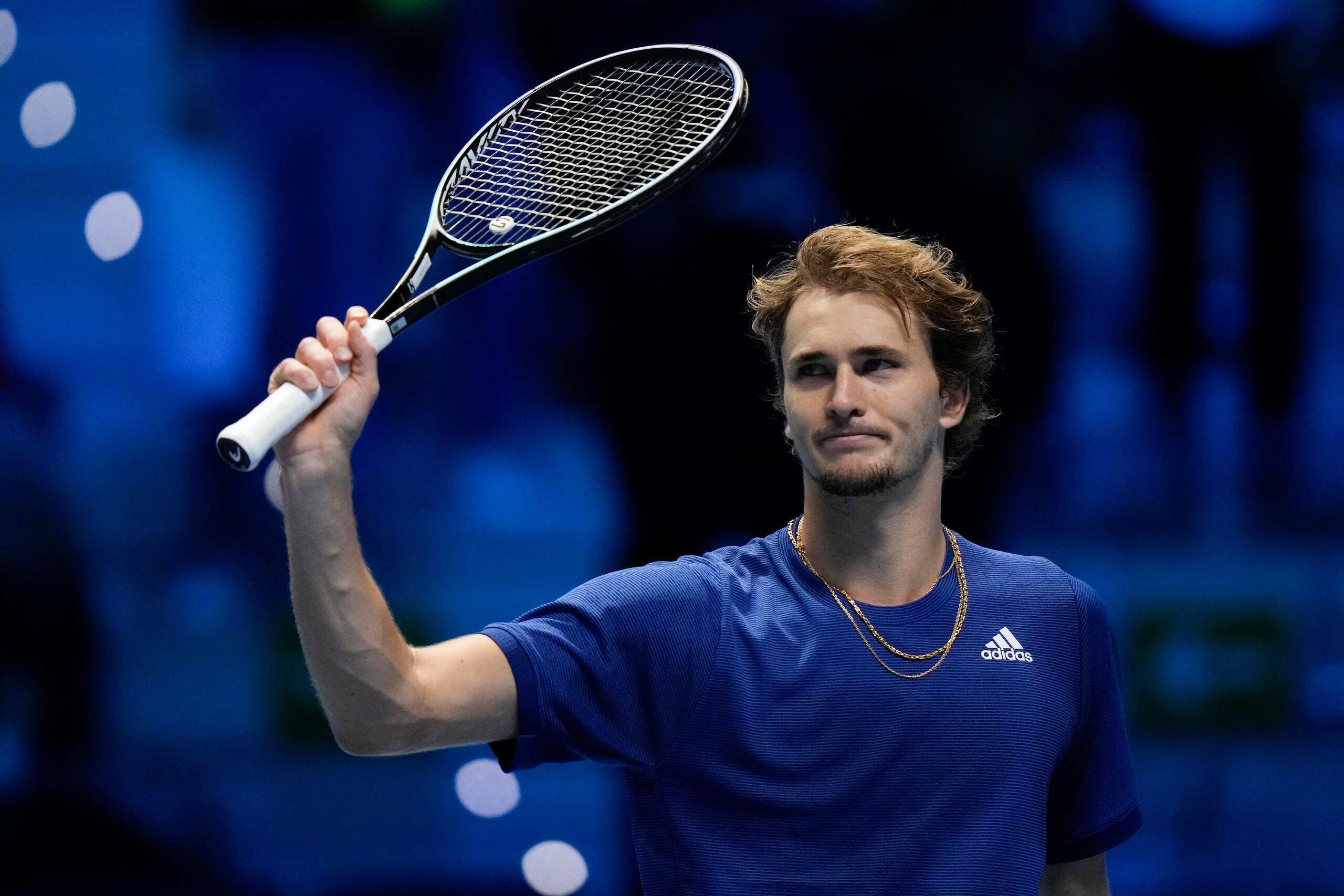 Germany's Alexander Zverev celebrates after defeating Poland's Hubert Hurkacz during their ATP World Tour Finals singles tennis match, at the Pala Alpitour in Turin, Thursday, Nov. 18, 2021. (AP Photo/Luca Bruno) Germany's Alexander Zverev celebrates after defeating Poland's Hubert Hurkacz during their ATP World Tour Finals singles tennis match, at the Pala Alpitour in Turin, Thursday, Nov. 18, 2021. (AP Photo/Luca Bruno)