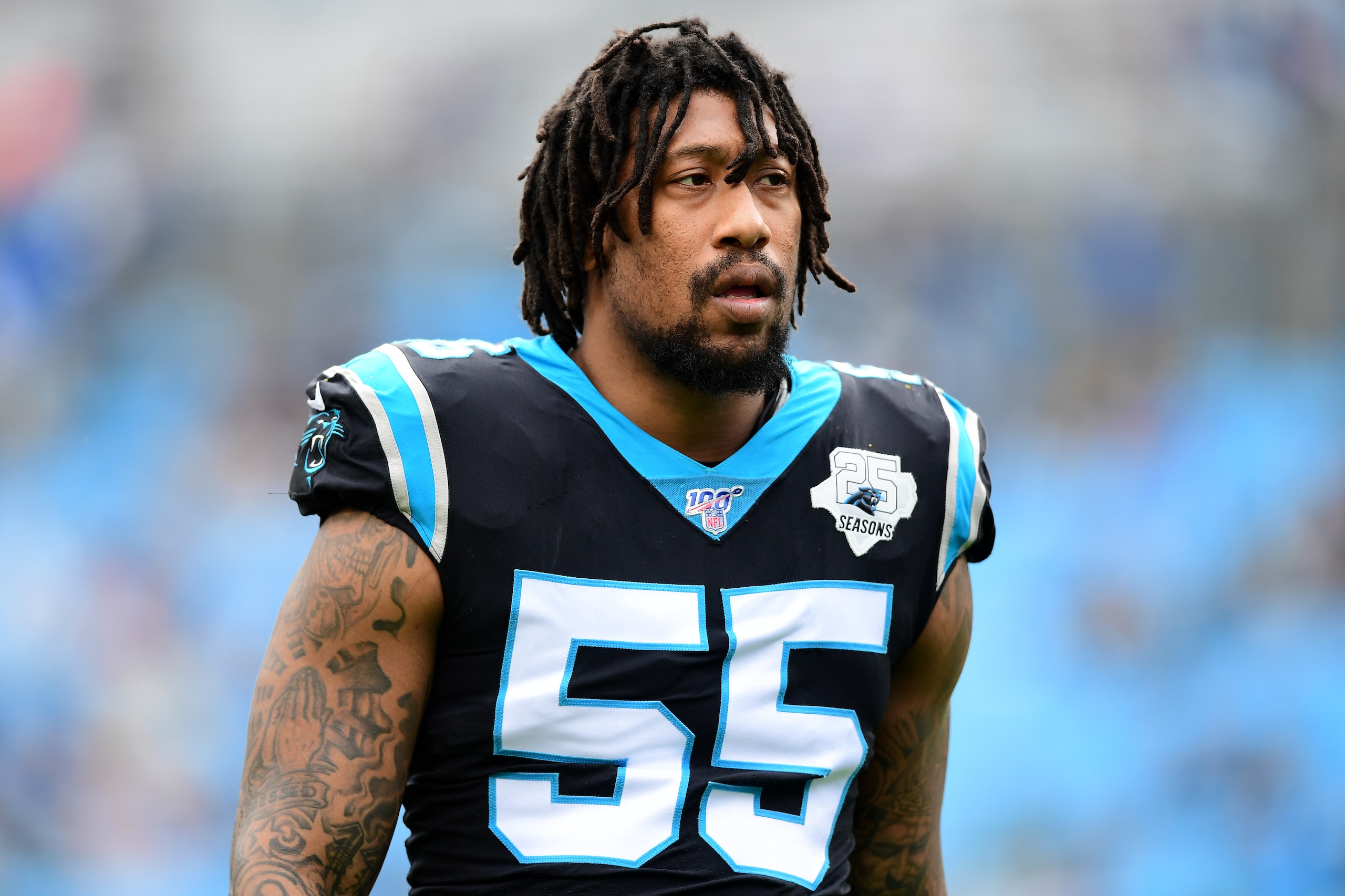 CHARLOTTE, NORTH CAROLINA - DECEMBER 29: Bruce Irvin #55 of the Carolina Panthers before their game against the New Orleans Saints at Bank of America Stadium on December 29, 2019 in Charlotte, North Carolina. (Photo by Jacob Kupferman/Getty Images) CHARLOTTE, NORTH CAROLINA - DECEMBER 29: Bruce Irvin #55 of the Carolina Panthers before their game against the New Orleans Saints at Bank of America Stadium on December 29, 2019 in Charlotte, North Carolina. (Photo by Jacob Kupferman/Getty Images)
