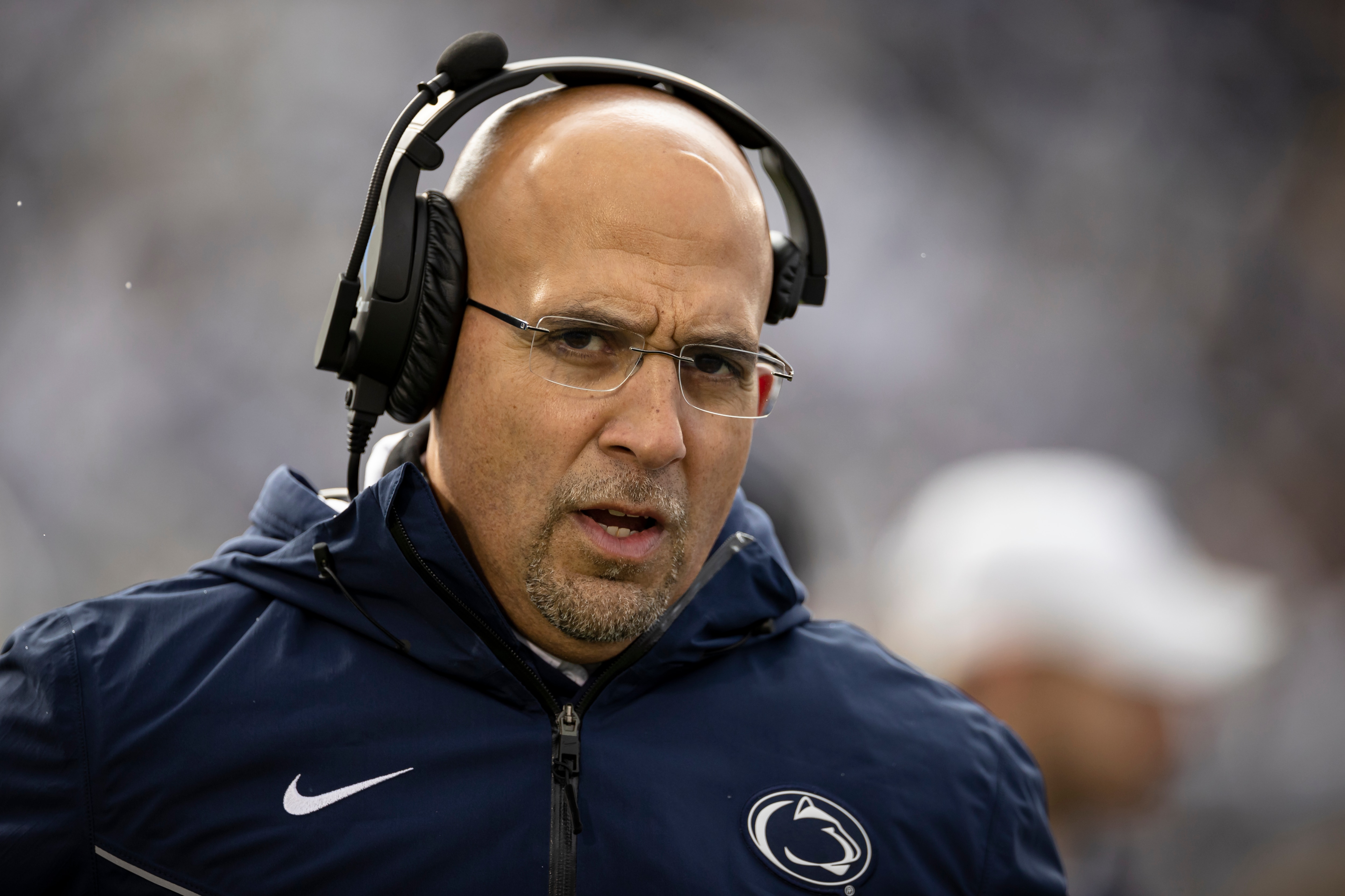 STATE COLLEGE, PA - NOVEMBER 13: Head coach James Franklin of the Penn State Nittany Lions looks on during the first half of the game against the Michigan Wolverines at Beaver Stadium on November 13, 2021 in State College, Pennsylvania. (Photo by Scott Taetsch/Getty Images)
