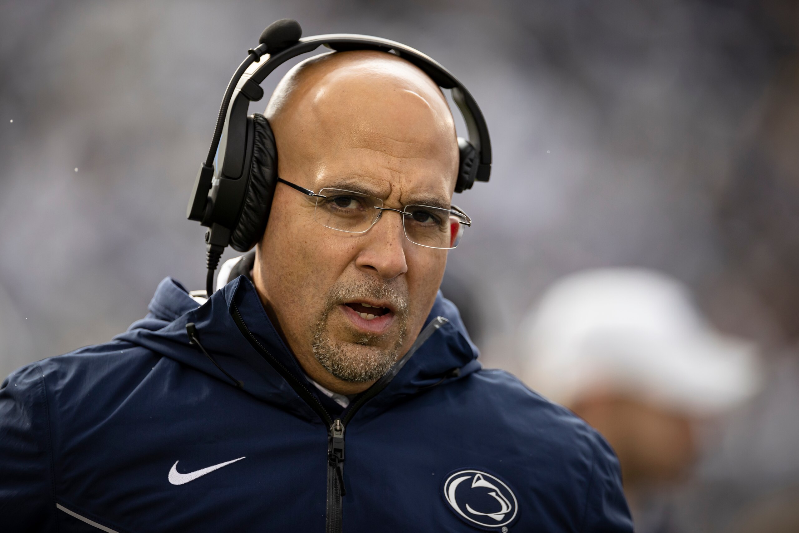 STATE COLLEGE, PA - NOVEMBER 13: Head coach James Franklin of the Penn State Nittany Lions looks on during the first half of the game against the Michigan Wolverines at Beaver Stadium on November 13, 2021 in State College, Pennsylvania. (Photo by Scott Taetsch/Getty Images)