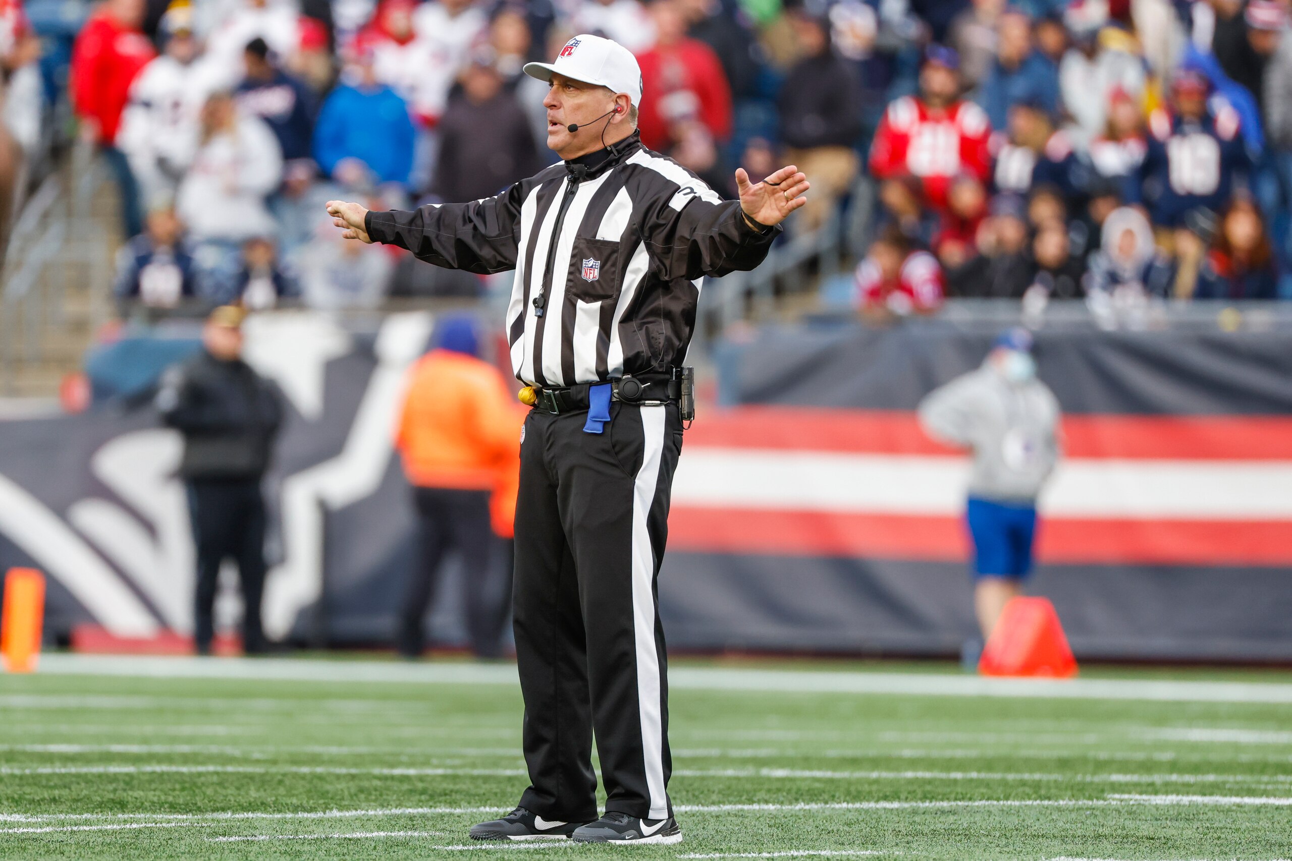 NFL referee John Hussey (35) officiates during the second half of an NFL football game, Sunday, Nov. 14, 2021, in Foxborough, Mass. (AP Photo/Greg M. Cooper) NFL referee John Hussey (35) officiates during the second half of an NFL football game, Sunday, Nov. 14, 2021, in Foxborough, Mass. (AP Photo/Greg M. Cooper)