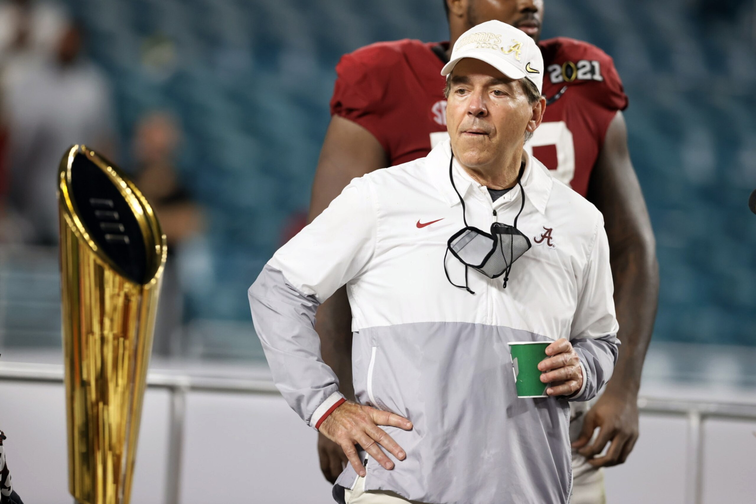 College Football: CFP National Championship: Alabama coach Nick Saban during trophy presentation vs Ohio State at Hard Rock Stadium.
Miami Gardens, FL 1/11/2021
CREDIT David E. Klutho (Photo by David E. Klutho/Sports Illustrated via Getty Images)
(Set Number: X163498)