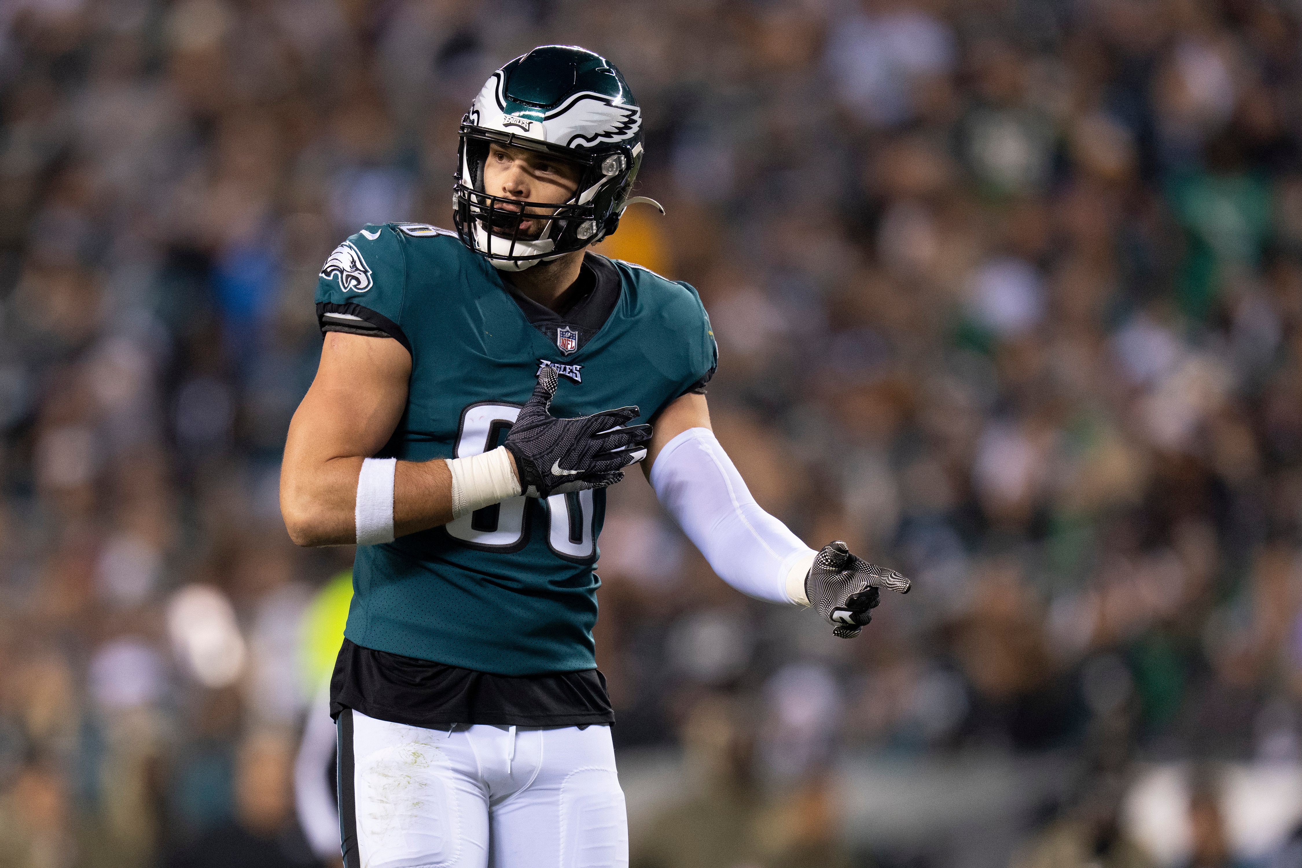 PHILADELPHIA, PA - NOVEMBER 07: Dallas Goedert #88 of the Philadelphia Eagles looks on against the Los Angeles Chargers at Lincoln Financial Field on November 7, 2021 in Philadelphia, Pennsylvania. (Photo by Mitchell Leff/Getty Images)