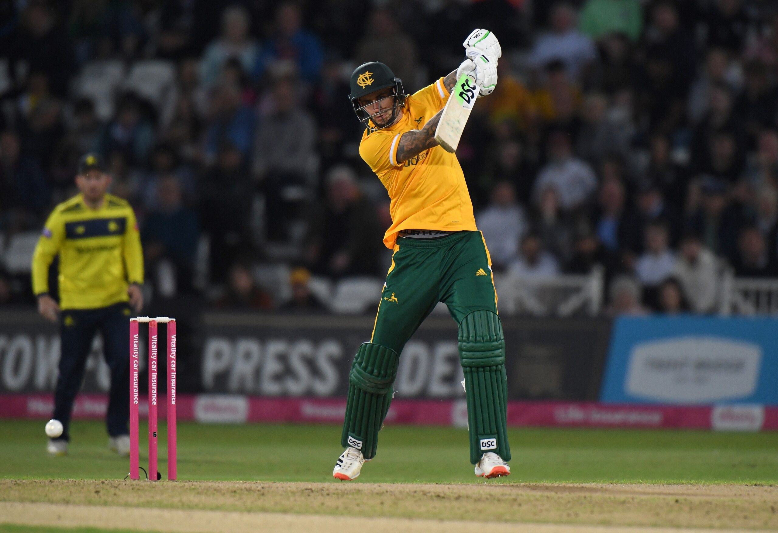 NOTTINGHAM, ENGLAND - AUGUST 25: Alex Hales of Notts Outlaws bats during the Vitality T20 Blast Quarter Final match between Notts Outlaws and Hampshire Hawks at Trent Bridge on August 25, 2021 in Nottingham, England. (Photo by Tony Marshall/Getty Images)