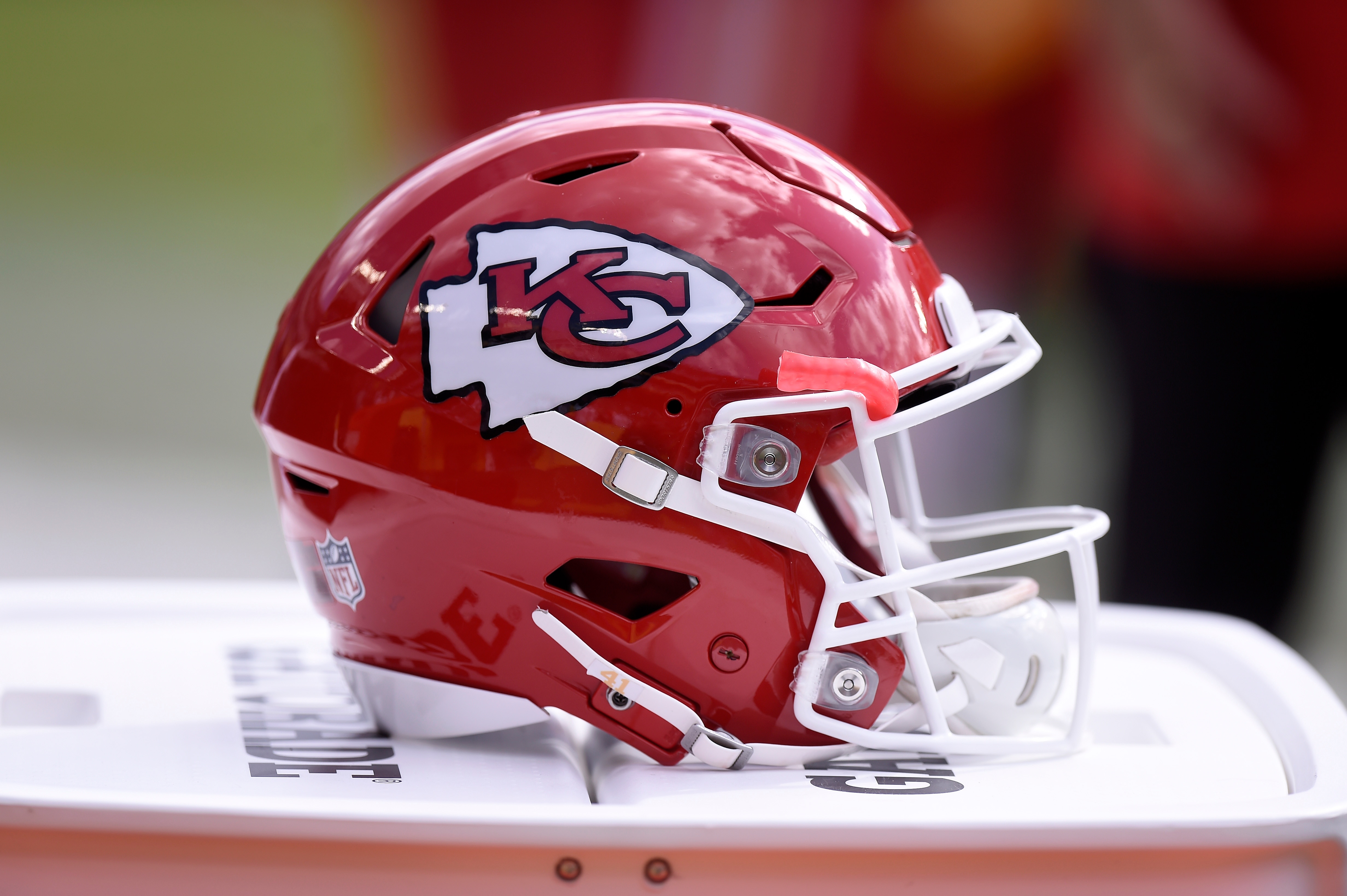 LANDOVER, MARYLAND - OCTOBER 17: A view of a Kansas City Chiefs helmet during the game against the Washington Football Team at FedExField on October 17, 2021 in Landover, Maryland. (Photo by G Fiume/Getty Images)