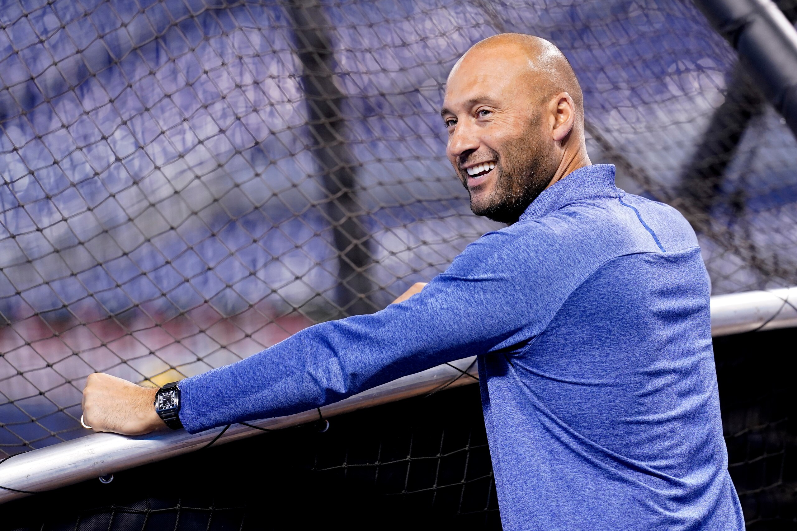 Derek Jeter, CEO of the Miami Marlins, watches batting practice before a baseball game against the Philadelphia Phillies, Saturday, Oct. 2, 2021, in Miami. (AP Photo/Lynne Sladky) Derek Jeter, CEO of the Miami Marlins, watches batting practice before a baseball game against the Philadelphia Phillies, Saturday, Oct. 2, 2021, in Miami. (AP Photo/Lynne Sladky)