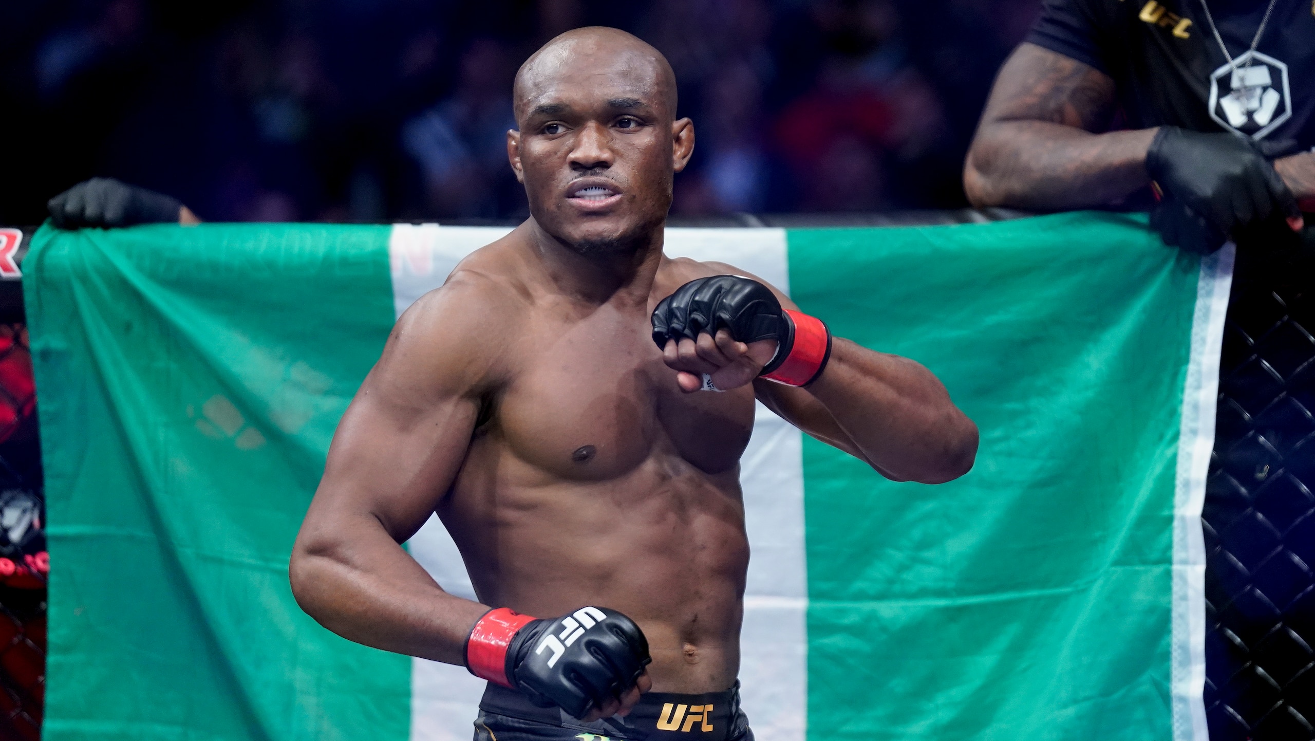 Kamaru Usman before fighting against Colby Covington in a welterweight mixed martial arts championship bout at UFC 268, Sunday, Nov. 7, 2021, in New York. (AP Photo/Corey Sipkin)