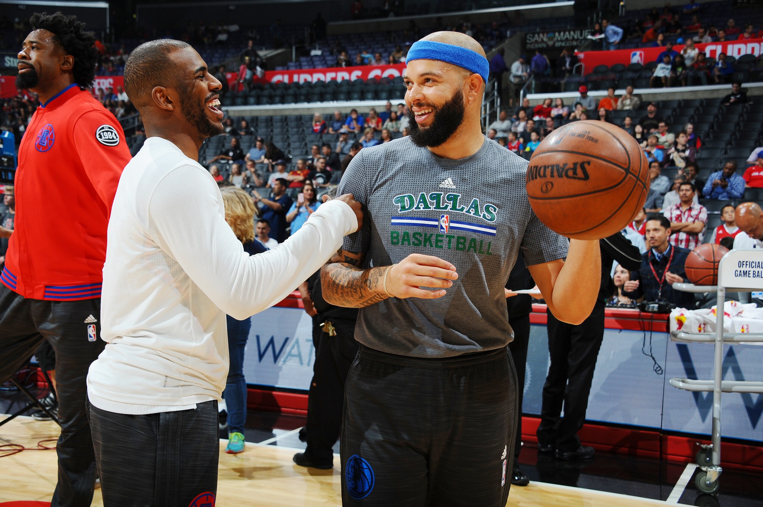LOS ANGELES, CA  - APRIL 10: Deron Williams #8 of the Dallas Mavericks speaks with Chris Paul #3 of the Los Angeles Clippers before the game on April 10, 2016 at STAPLES Center in Los Angeles, California. NOTE TO USER: User expressly acknowledges and agrees that, by downloading and or using this Photograph, user is consenting to the terms and conditions of the Getty Images License Agreement. Mandatory Copyright Notice: Copyright 2016 NBAE (Photo by Juan Ocampo/NBAE via Getty Images)
