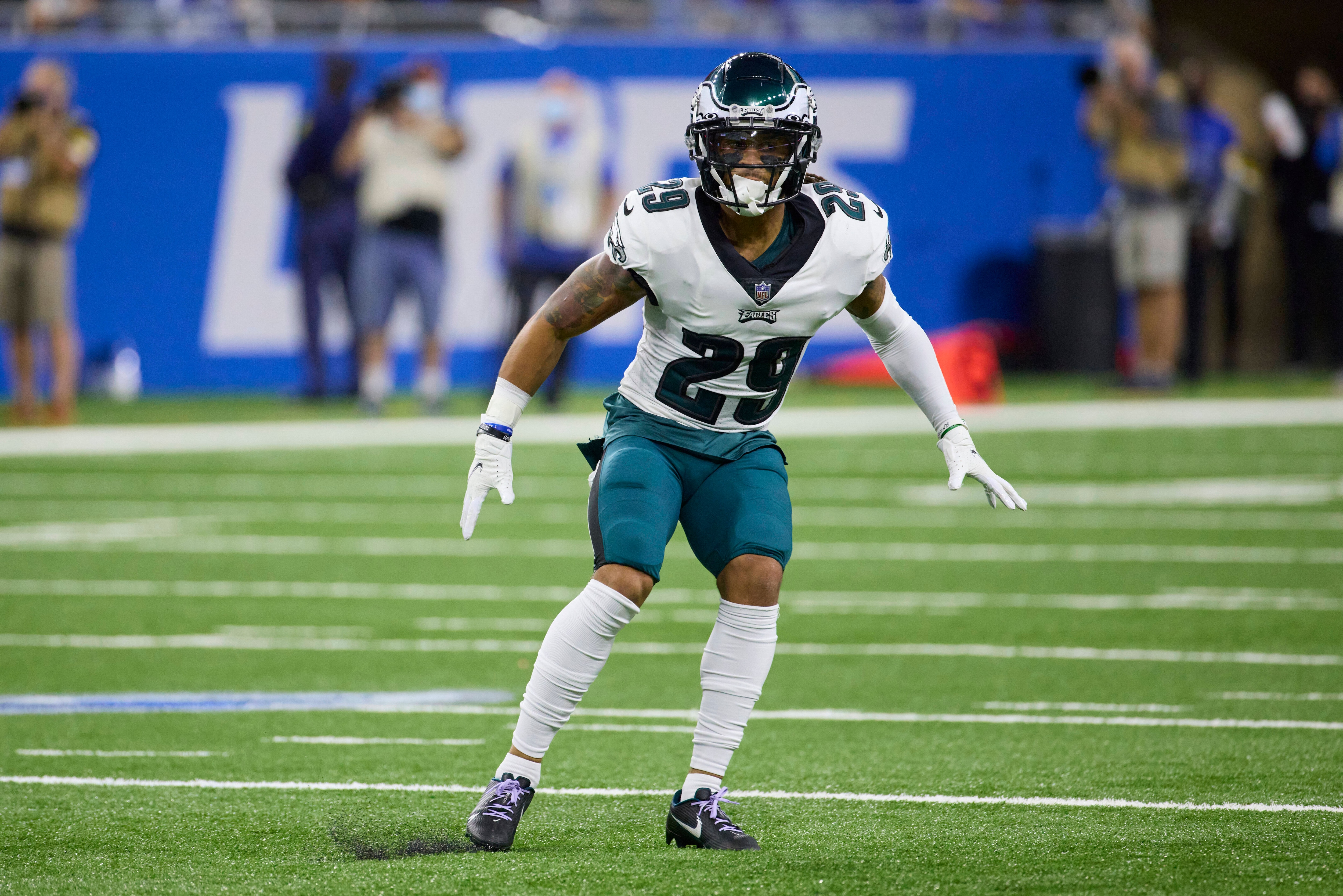 Philadelphia Eagles free safety Avonte Maddox (29) pursues a play on defense against the Detroit Lions during an NFL football game, Sunday, Oct. 31, 2021, in Detroit. (AP Photo/Rick Osentoski)