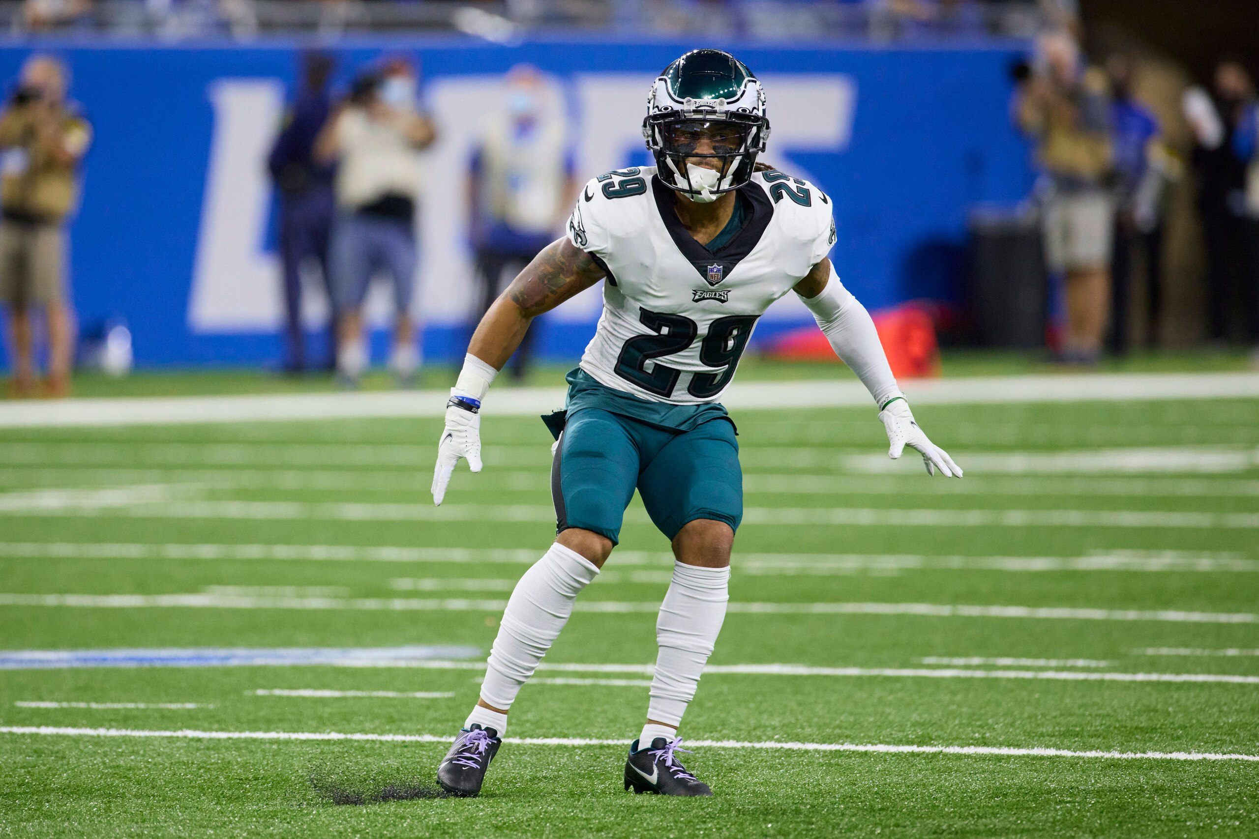 Philadelphia Eagles free safety Avonte Maddox (29) pursues a play on defense against the Detroit Lions during an NFL football game, Sunday, Oct. 31, 2021, in Detroit. (AP Photo/Rick Osentoski)