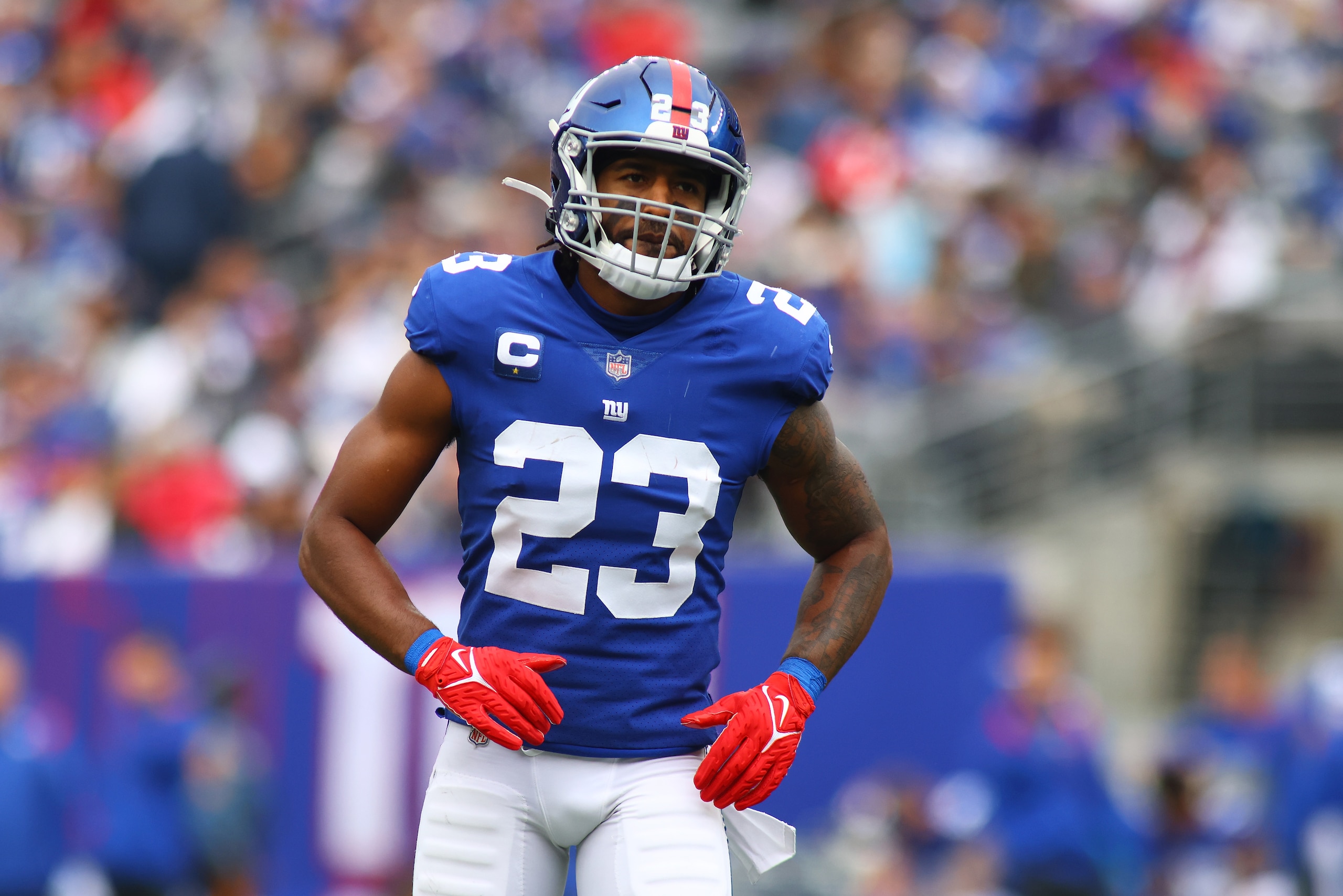 EAST RUTHERFORD, NEW JERSEY - OCTOBER 24: (NEW YORK DAILIES OUT) Logan Ryan #23 of the New York Giants in action against the Carolina Panthers at MetLife Stadium on October 24, 2021 in East Rutherford, New Jersey. New York Giants defeated the Carolina Panthers 25-3. (Photo by Mike Stobe/Getty Images)