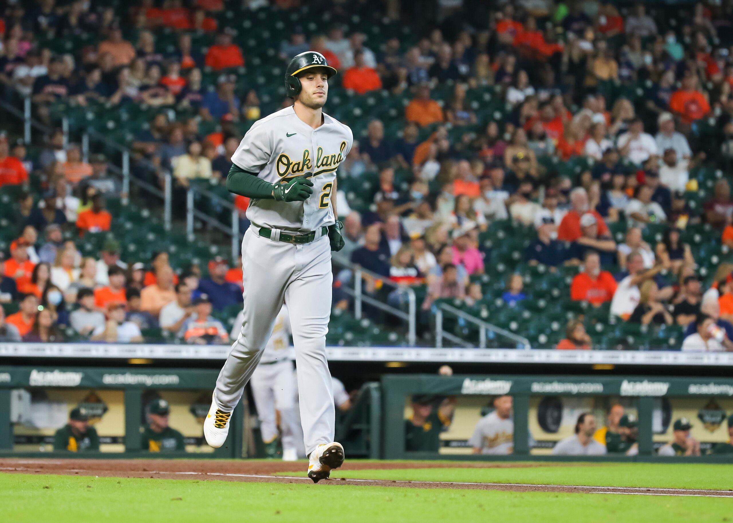 HOUSTON, TX - OCTOBER 03:  Oakland Athletics designated hitter Matt Olson (28) hits a single in the top of the first inning during the baseball game between the Oakland Athletics and Houston Astros on October 3, 2021 at Minute Maid Park in Houston, Texas.  (Photo by Leslie Plaza Johnson/Icon Sportswire via Getty Images)