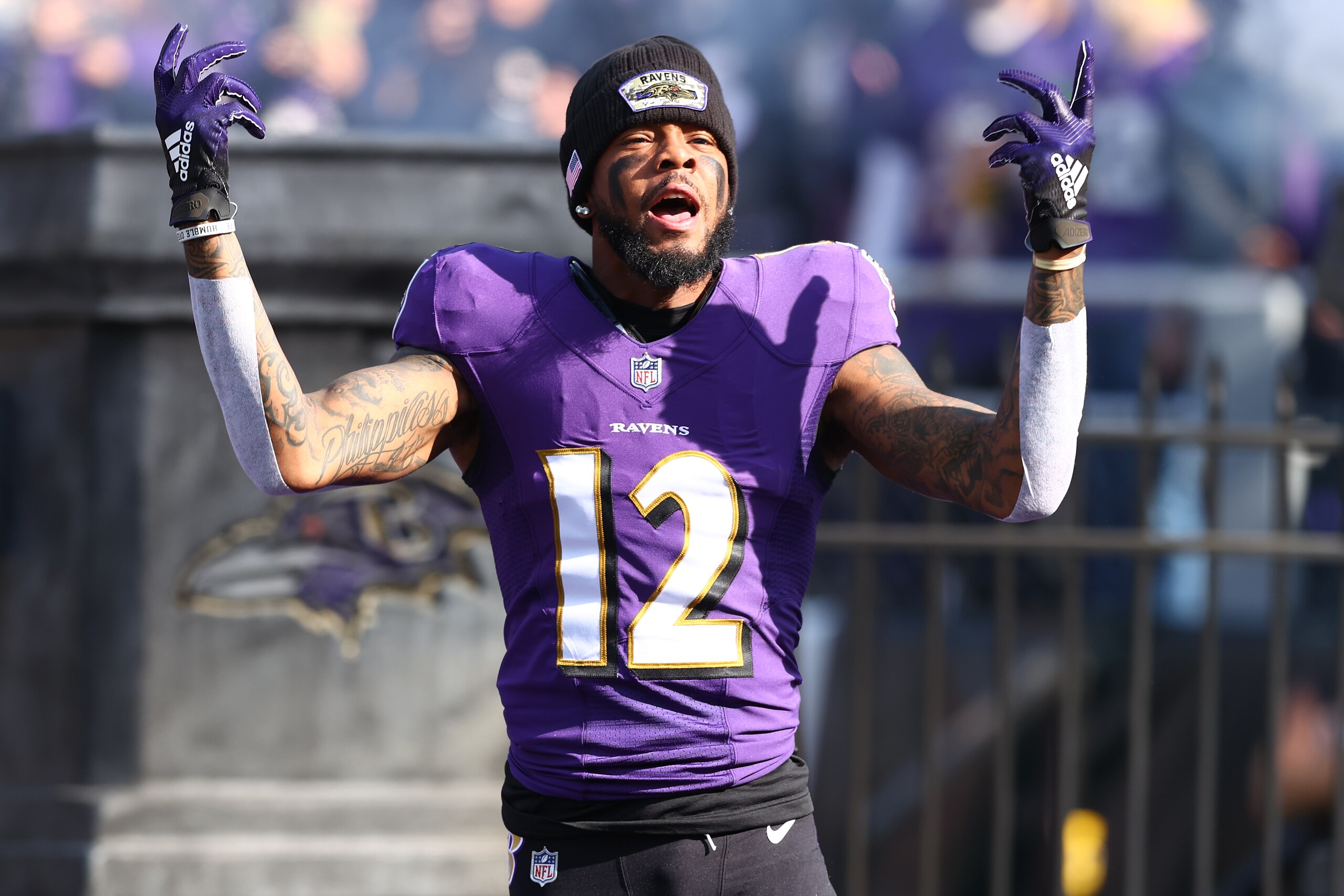 BALTIMORE, MARYLAND - NOVEMBER 07: Rashod Bateman #12 of the Baltimore Ravens reacts during the game against the Minnesota Vikings at M&T Bank Stadium on November 07, 2021 in Baltimore, Maryland. (Photo by Todd Olszewski/Getty Images)