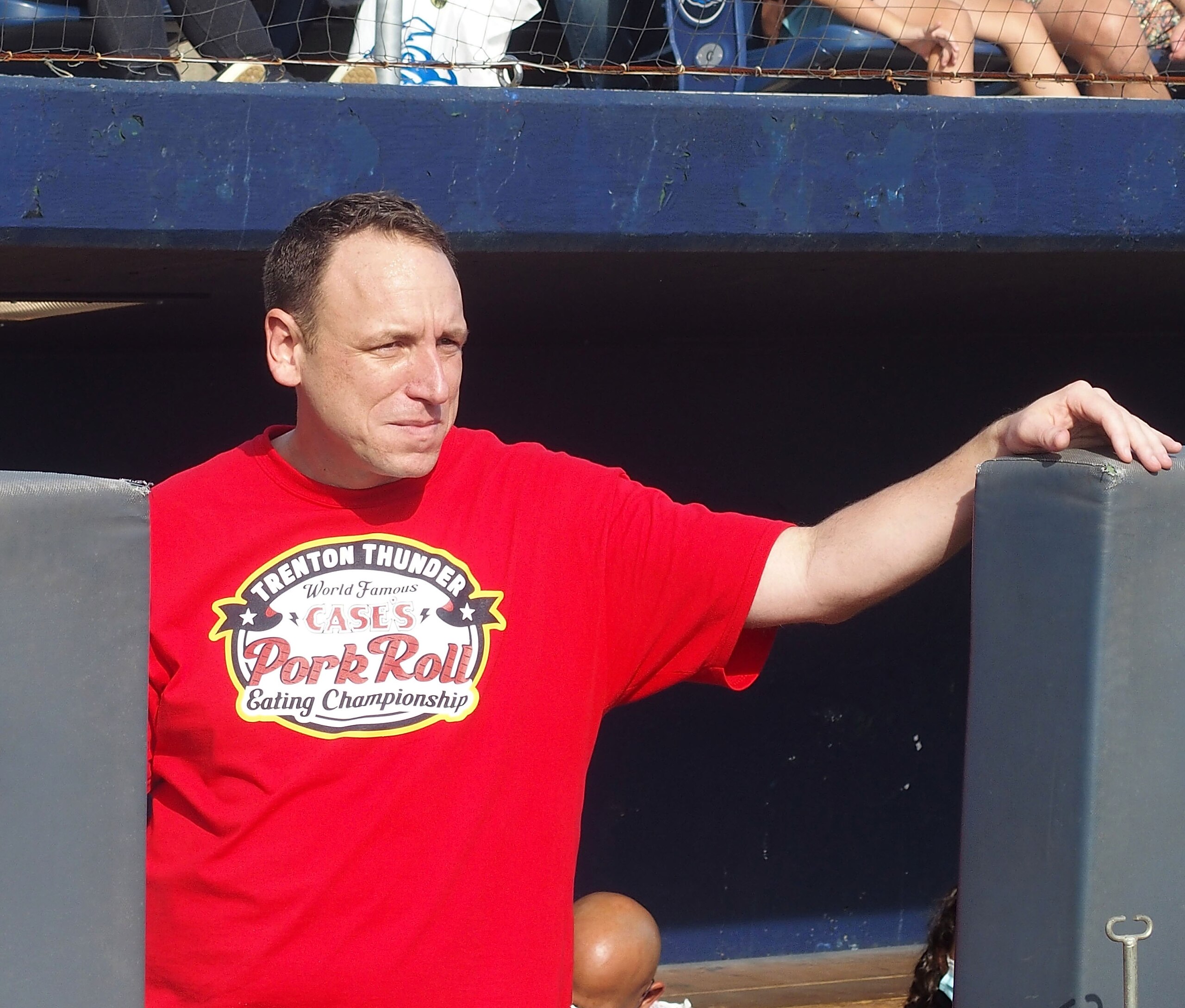 TRENTON, NJ - SEPTEMBER 25:  Joey Chestnut participates in the Trenton Thunder Case's World Famous Pork Roll Eating Championship Contest on September 25, 2021 in Trenton, New Jersey.  (Photo by Bobby Bank/Getty Images,)