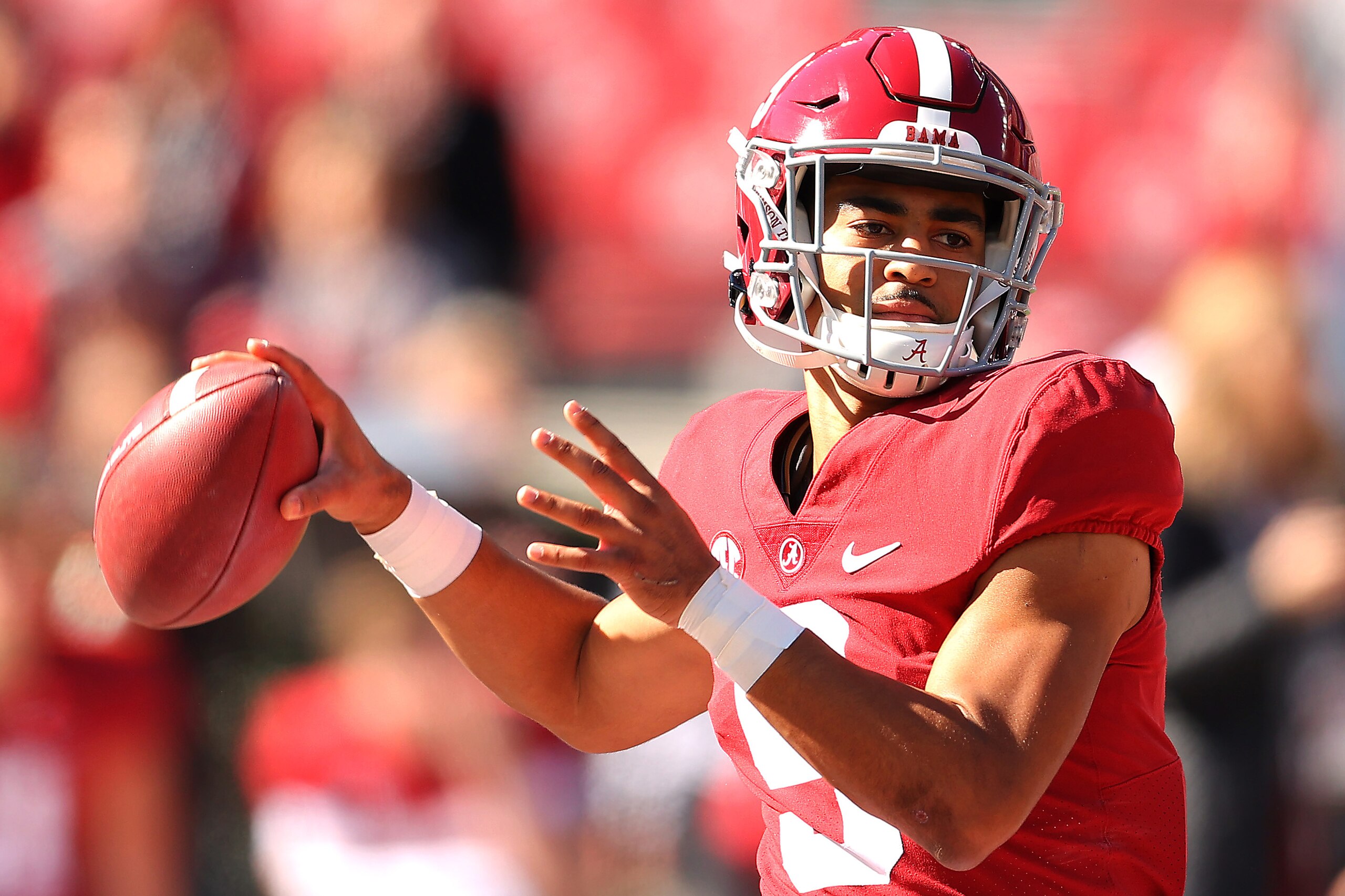 TUSCALOOSA, ALABAMA - NOVEMBER 13: Bryce Young #9 of the Alabama Crimson Tide warms up on the field before the game against the New Mexico State Aggies at Bryant-Denny Stadium on November 13, 2021 in Tuscaloosa, Alabama. (Photo by Kevin C. Cox/Getty Images)
