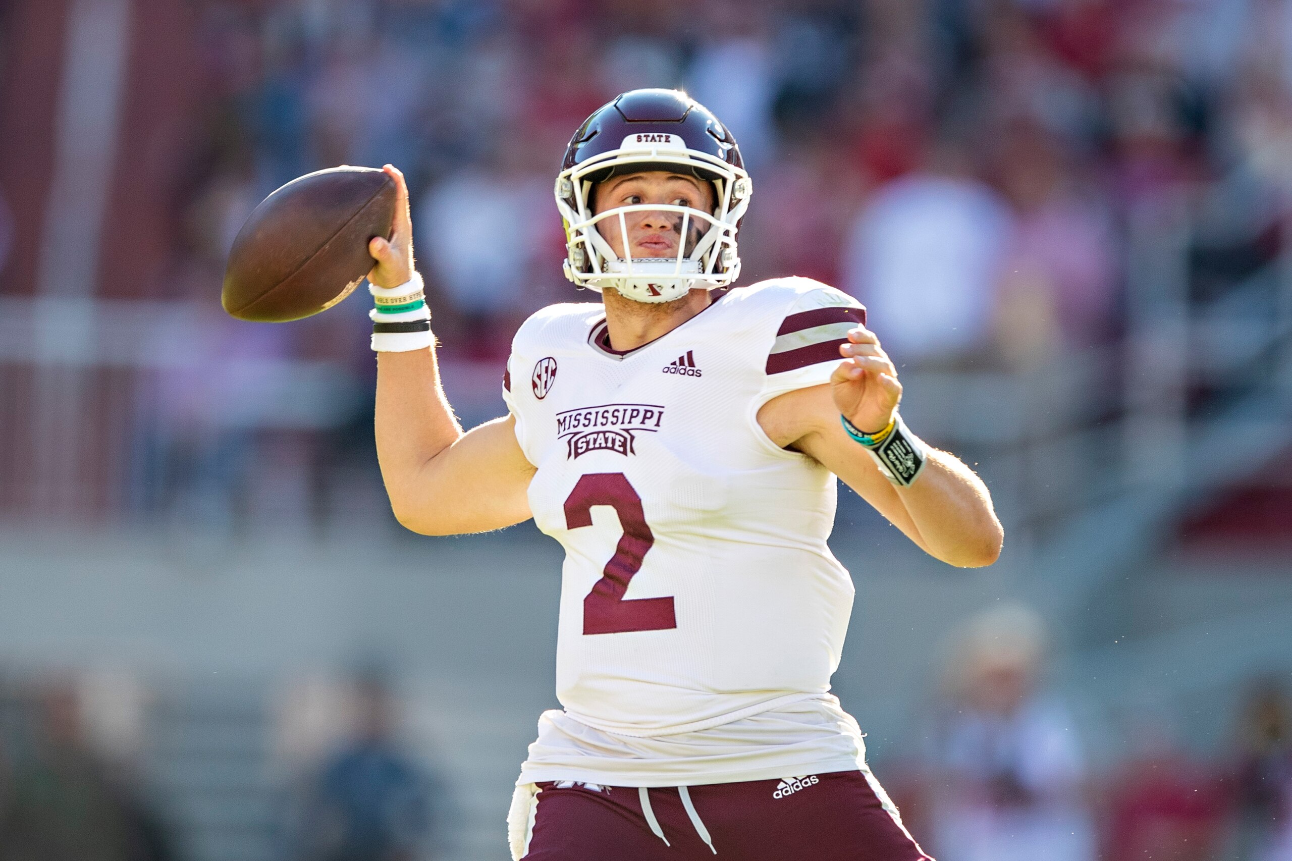 FAYETTEVILLE, ARKANSAS - NOVEMBER 06: Will Rogers #2 of the Mississippi State Bulldogs throws a pass in the first half of a game against the Arkansas Razorbacks at Donald W. Reynolds Razorback Stadium on November 06, 2021 in Fayetteville, Arkansas. (Photo by Wesley Hitt/Getty Images) FAYETTEVILLE, ARKANSAS - NOVEMBER 06: Will Rogers #2 of the Mississippi State Bulldogs throws a pass in the first half of a game against the Arkansas Razorbacks at Donald W. Reynolds Razorback Stadium on November 06, 2021 in Fayetteville, Arkansas. (Photo by Wesley Hitt/Getty Images)