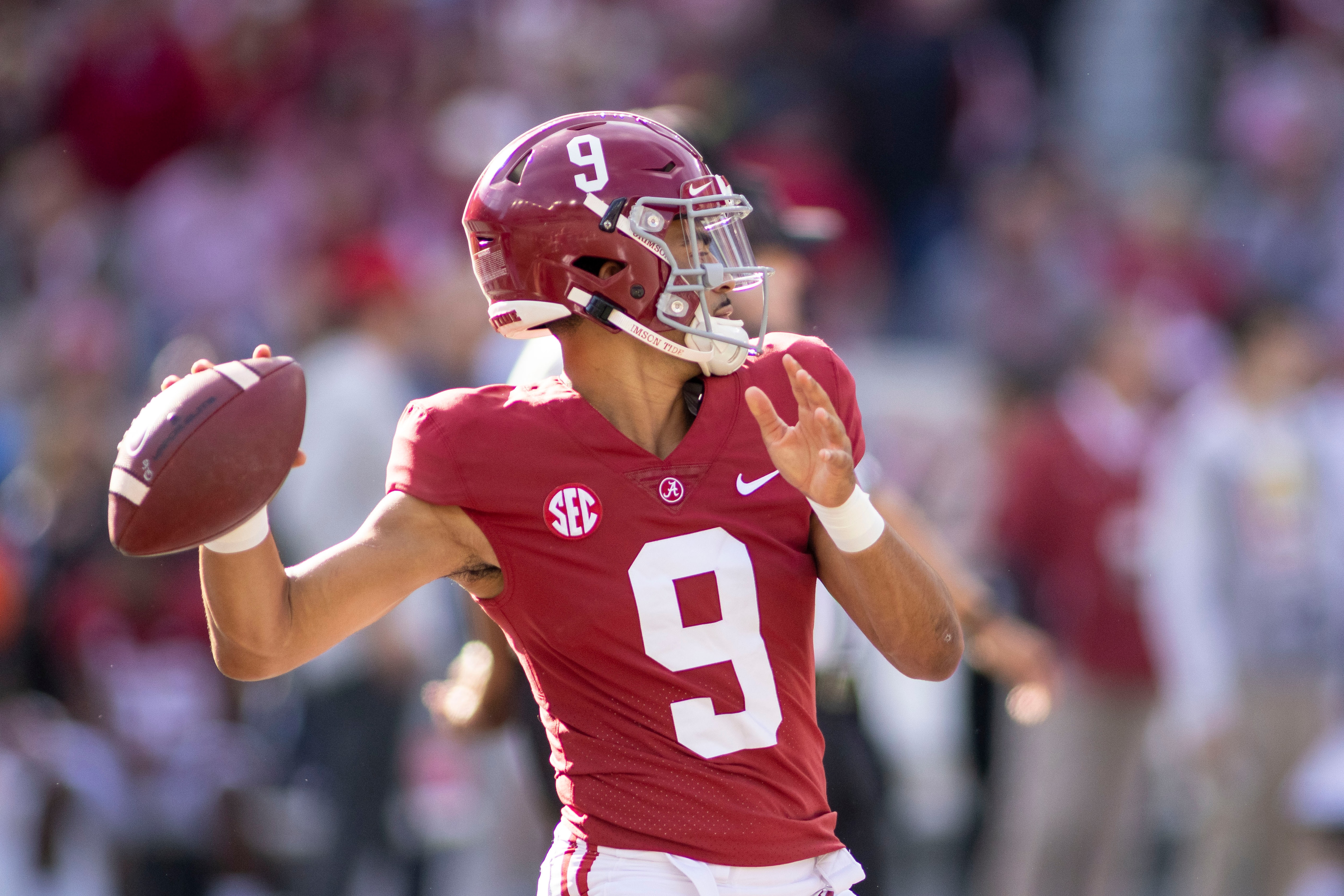 Alabama quarterback Bryce Young warms up for the team's NCAA college football game against Arkansas, Saturday, Nov. 20, 2021, in Tuscaloosa, Ala. (AP Photo/Vasha Hunt)