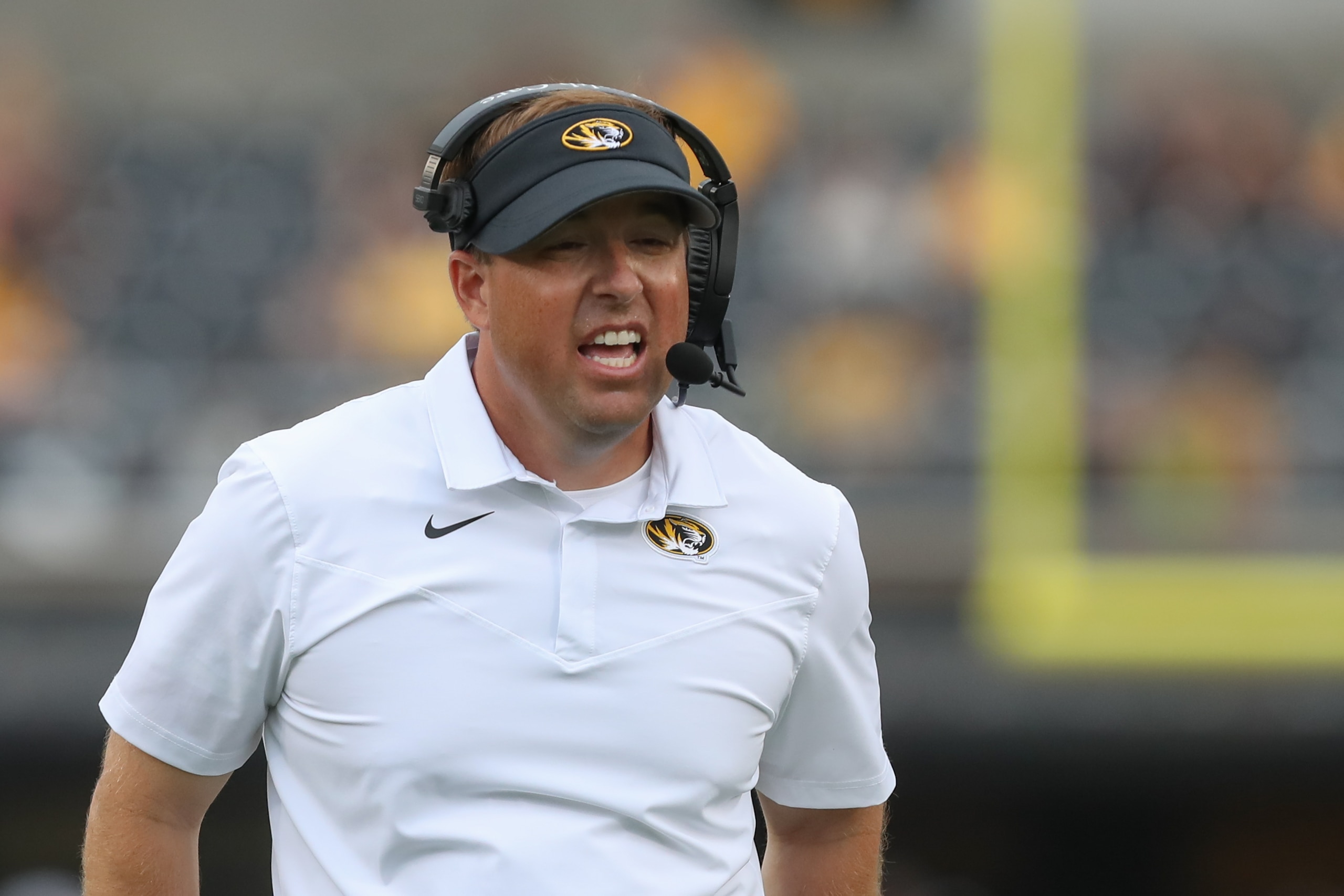 COLUMBIA, MO - SEPTEMBER 04: Missouri Tigers head coach Eli Drinkwitz during a college football game between the Central Michigan Chippewas and Missouri Tigers on Sep 4, 2021 at Memorial Stadium at Faurot Field in Columbia, MO. (Photo by Scott Winters/Icon Sportswire via Getty Images)