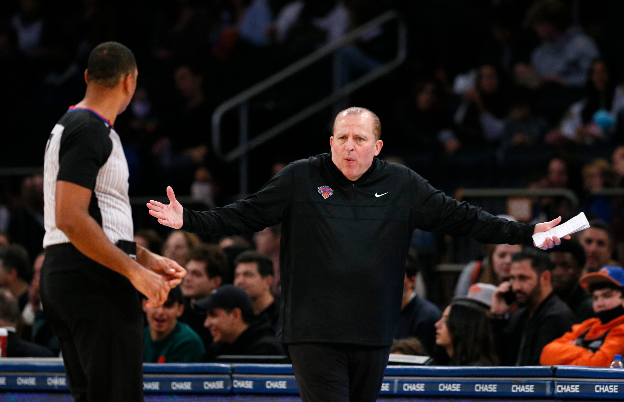 New York Knicks head coach Tom Thibodeau reacts after a call against the Knicks during the first half of an NBA basketball game against the Houston Rockets in New York, Saturday, Nov. 20, 2021. (AP Photo/Noah K. Murray)