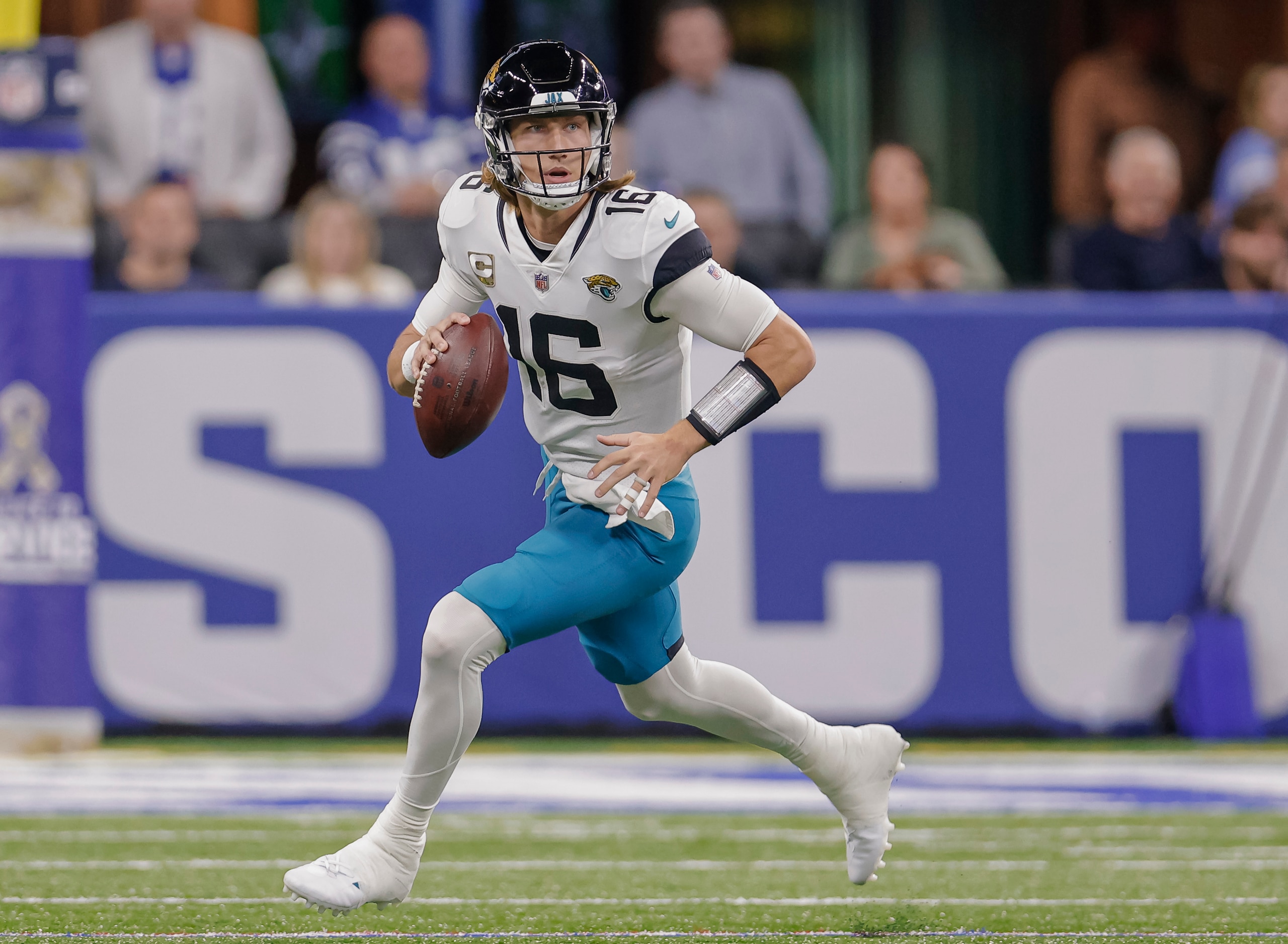 INDIANAPOLIS, IN - NOVEMBER 14: Trevor Lawrence #16 of the Jacksonville Jaguars is seen during the game against the Indianapolis Colts at Lucas Oil Stadium on November 14, 2021 in Indianapolis, Indiana. (Photo by Michael Hickey/Getty Images) INDIANAPOLIS, IN - NOVEMBER 14: Trevor Lawrence #16 of the Jacksonville Jaguars is seen during the game against the Indianapolis Colts at Lucas Oil Stadium on November 14, 2021 in Indianapolis, Indiana. (Photo by Michael Hickey/Getty Images)