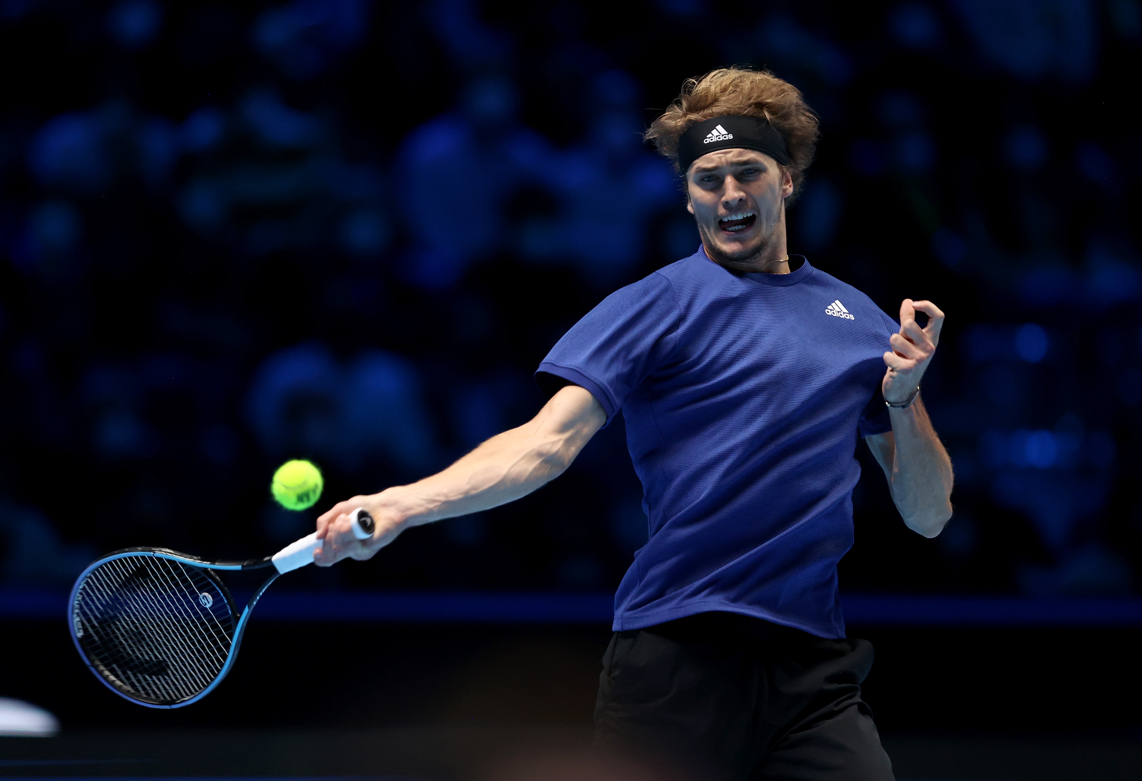 TURIN, ITALY - NOVEMBER 21: Alexander Zverev of Germany plays a forehand shot during the Men's Single's Final between Alexander Zverev of Germany and Daniil Medvedev of Russia during Day Eight of the Nitto ATP World Tour Finals at Pala Alpitour on November 21, 2021 in Turin, Italy. (Photo by Julian Finney/Getty Images)