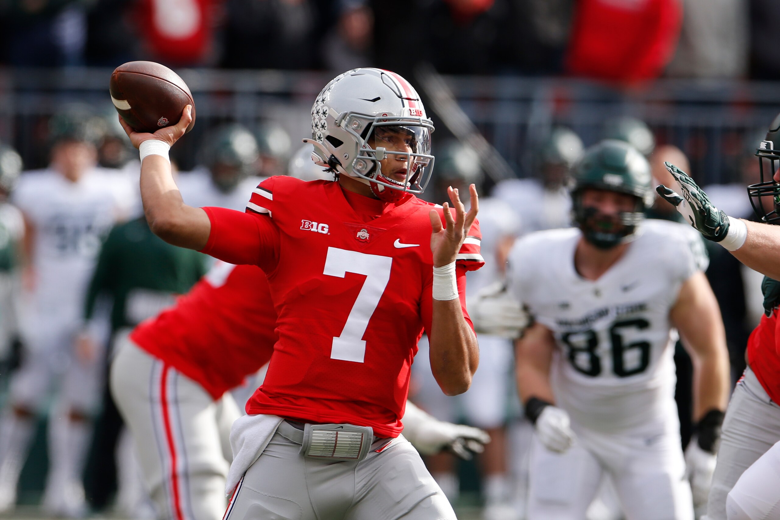 Ohio State quarterback C.J. Stroud plays against Michigan State during an NCAA college football game Saturday, Nov. 20, 2021, in Columbus, Ohio. (AP Photo/Jay LaPrete)