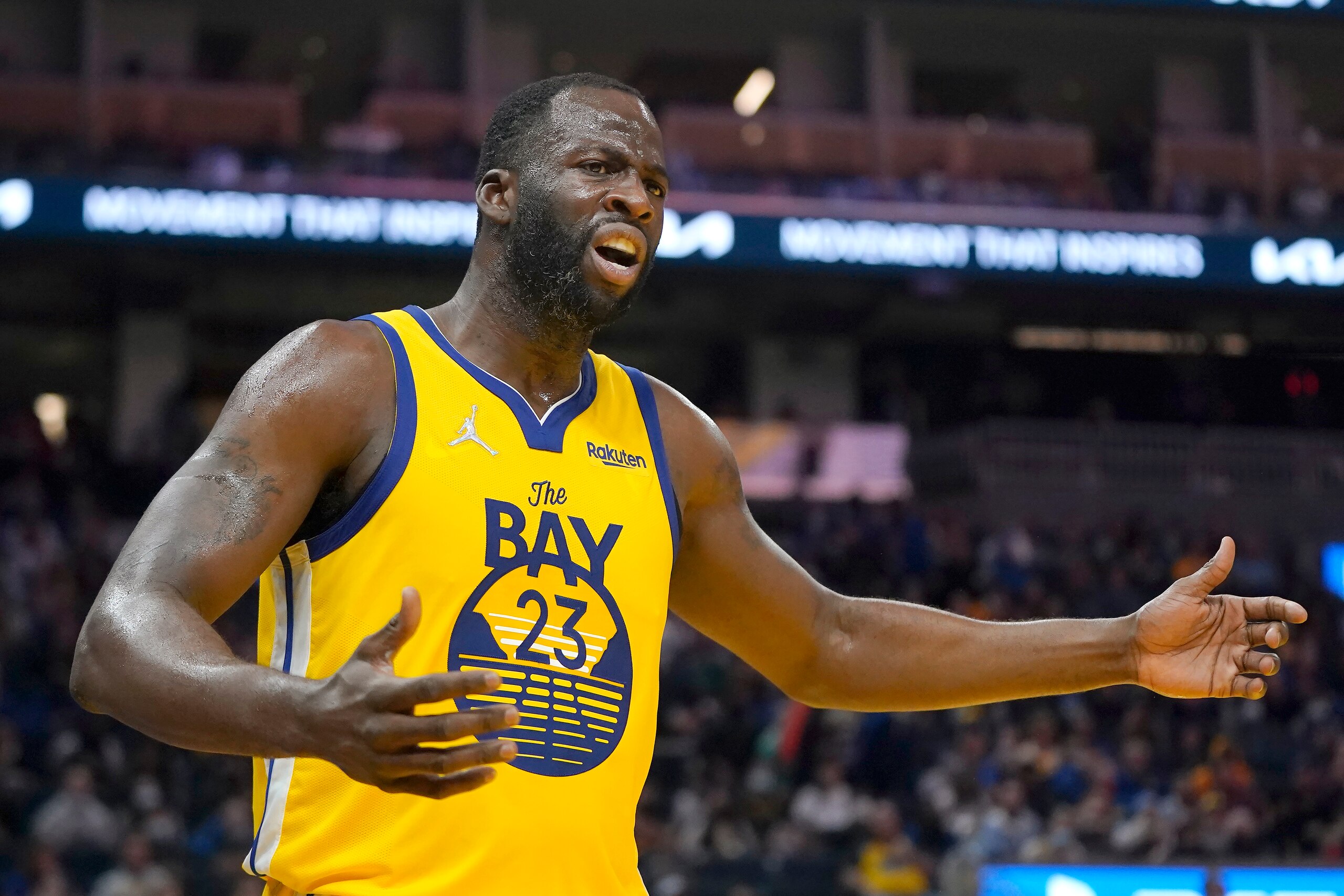 Golden State Warriors forward Draymond Green (23) reacts toward officials during the second half of an NBA basketball game against the Toronto Raptors in San Francisco, Sunday, Nov. 21, 2021. (AP Photo/Jeff Chiu) Golden State Warriors forward Draymond Green (23) reacts toward officials during the second half of an NBA basketball game against the Toronto Raptors in San Francisco, Sunday, Nov. 21, 2021. (AP Photo/Jeff Chiu)