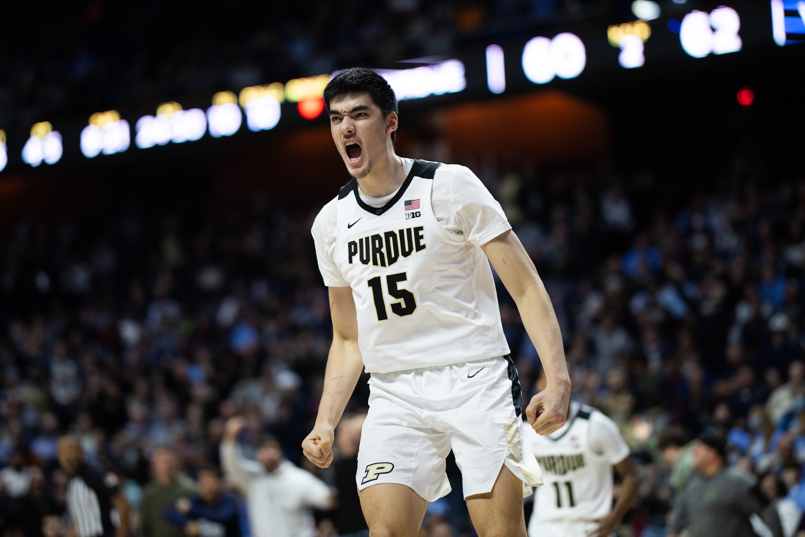 UNCASVILLE, CT - NOVEMBER 21: Zach Edey #15 of the Purdue University Boilermakers reacts after a dunk during the second half of a game against the Villanova Wildcats at Mohegan Sun Arena on November 21, 2021 in Uncasville, Connecticut. (Photo by Dustin Satloff/Getty Images)