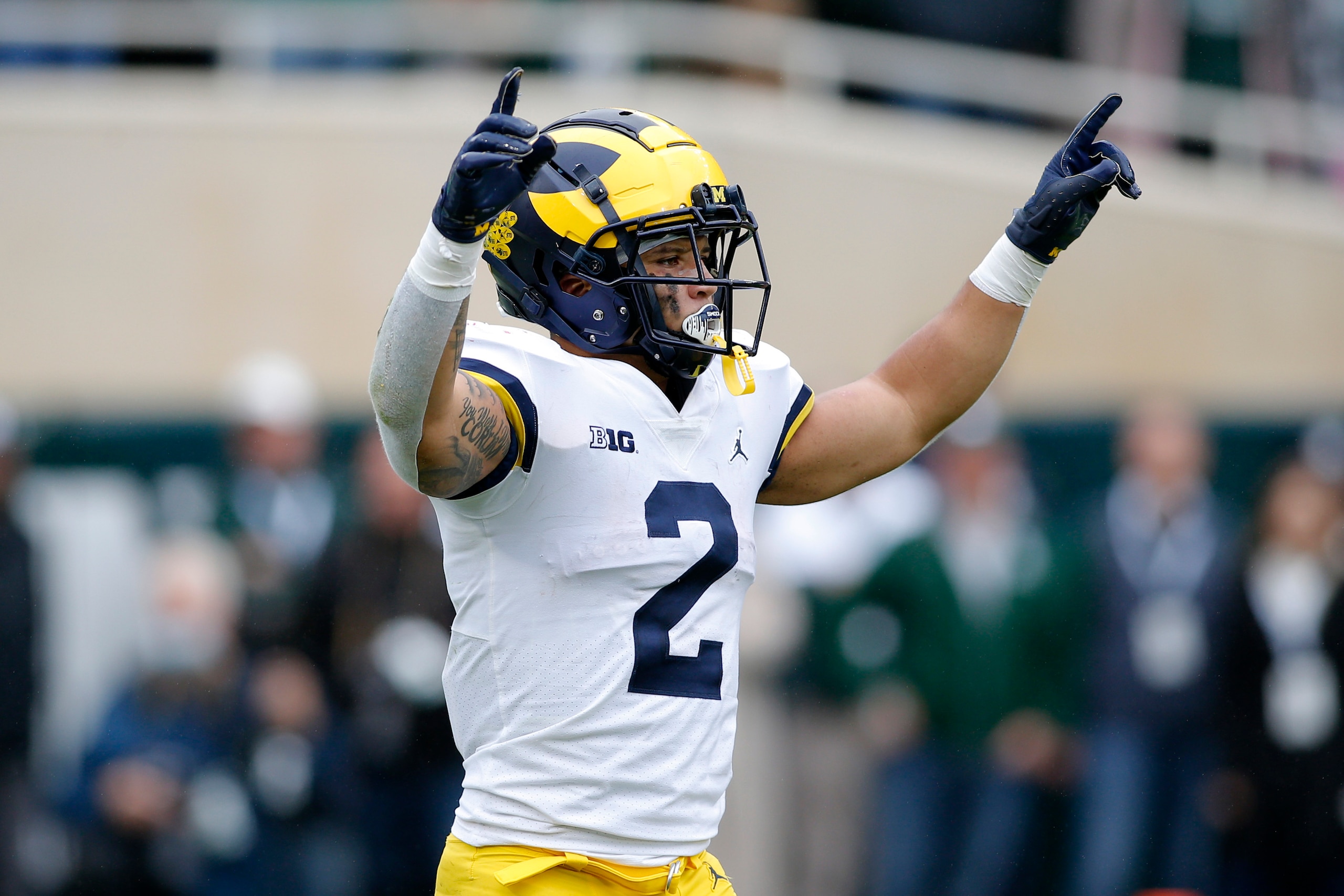 Michigan running back Blake Corum plays during an NCAA college football game against Michigan State, Saturday, Oct. 30, 2021, in East Lansing, Mich. (AP Photo/Al Goldis)