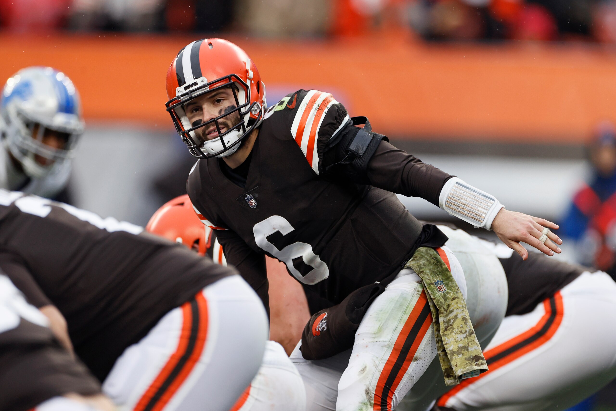 Cleveland Browns quarterback Baker Mayfield plays against the Detroit Lions during the second half of an NFL football game, Sunday, Nov. 21, 2021, in Cleveland. (AP Photo/Ron Schwane)