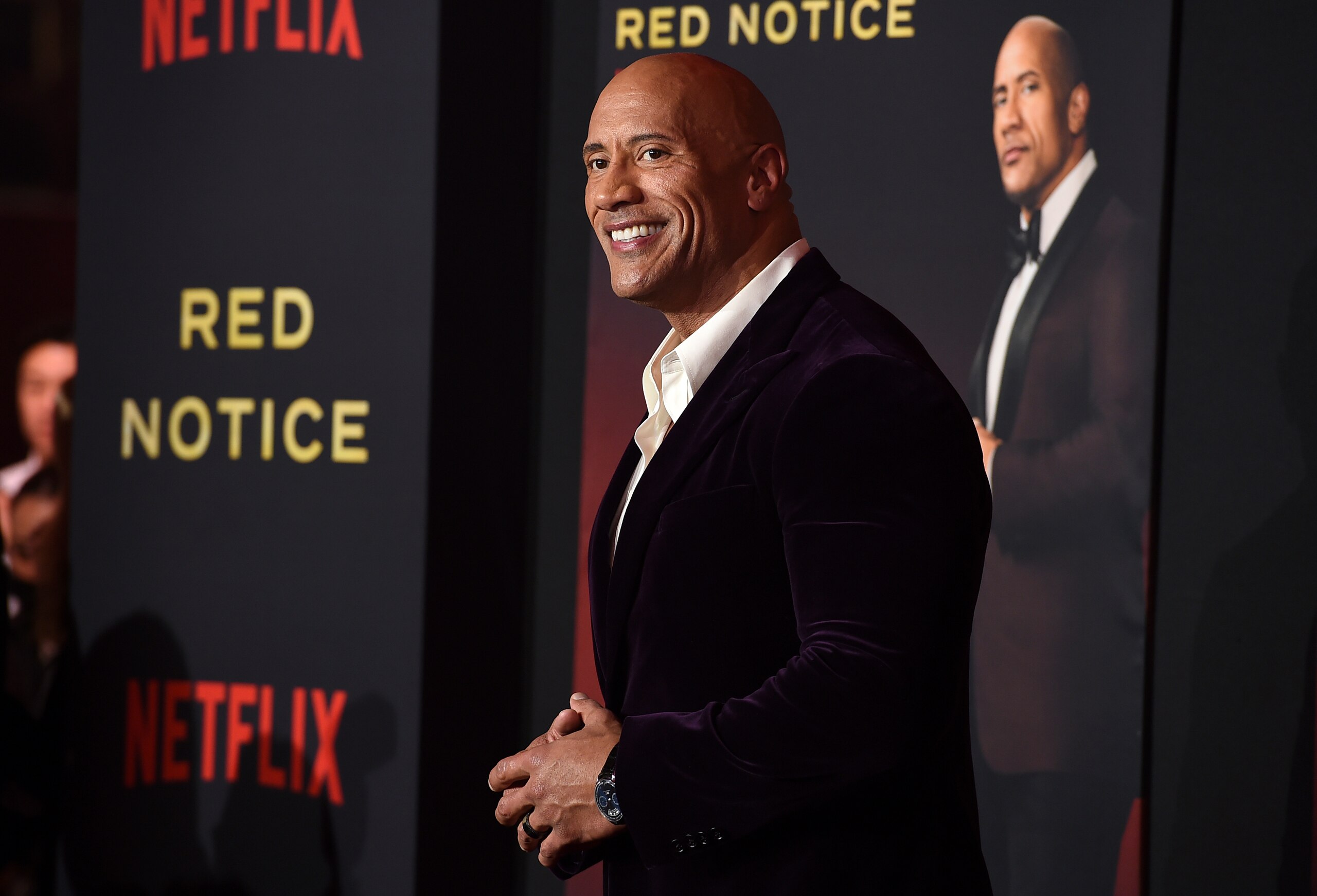 Cast member Dwayne Johnson arrives at the Los Angeles premiere of "Red Notice" at L.A. Live on Wednesday, Nov. 3, 2021. (Photo by Jordan Strauss/Invision/AP)