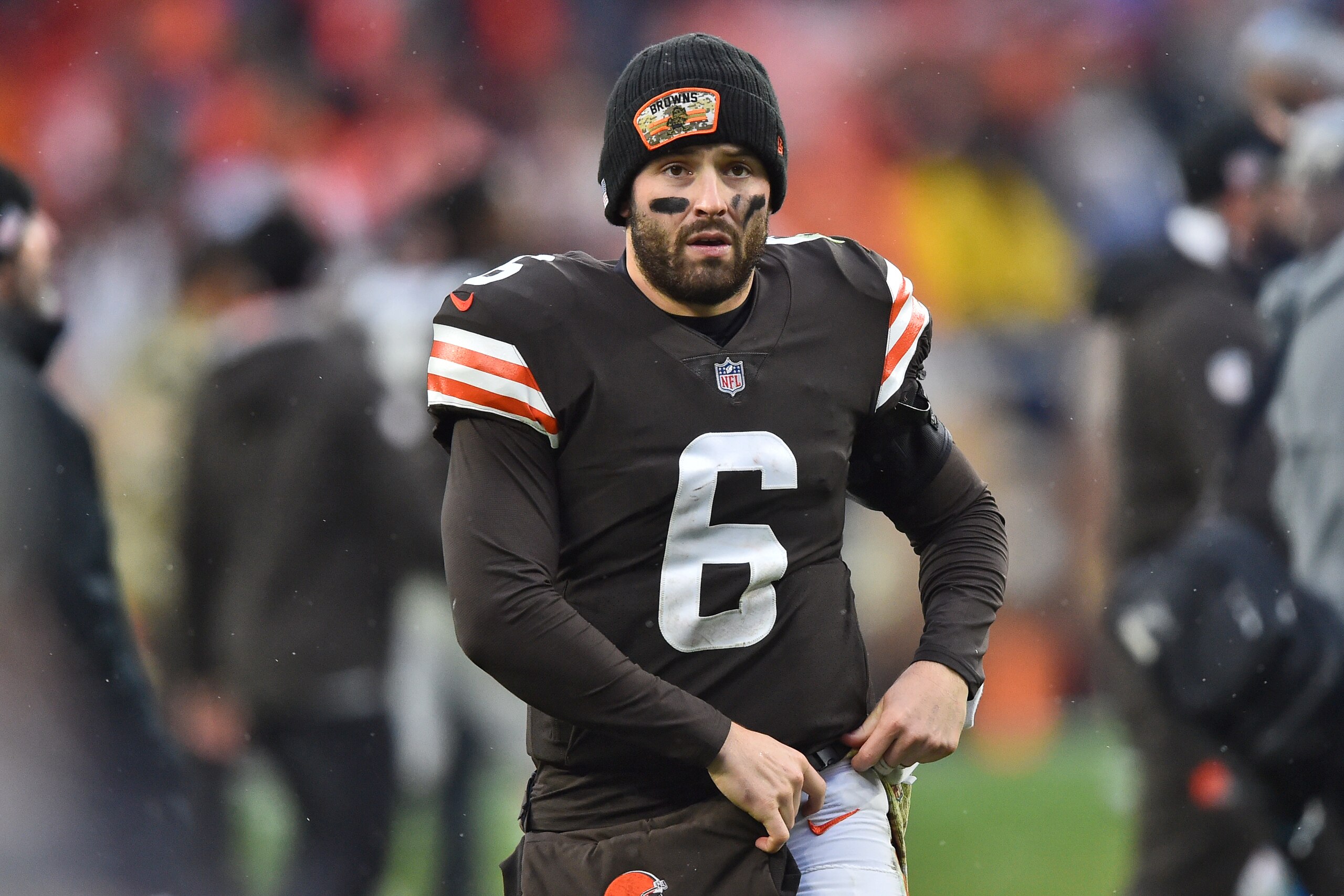 Cleveland Browns quarterback Baker Mayfield walks to the locker room after the Browns defeated the Detroit Lions 13-10 in an NFL football game, Sunday, Nov. 21, 2021, in Cleveland. (AP Photo/David Richard) Cleveland Browns quarterback Baker Mayfield walks to the locker room after the Browns defeated the Detroit Lions 13-10 in an NFL football game, Sunday, Nov. 21, 2021, in Cleveland. (AP Photo/David Richard)