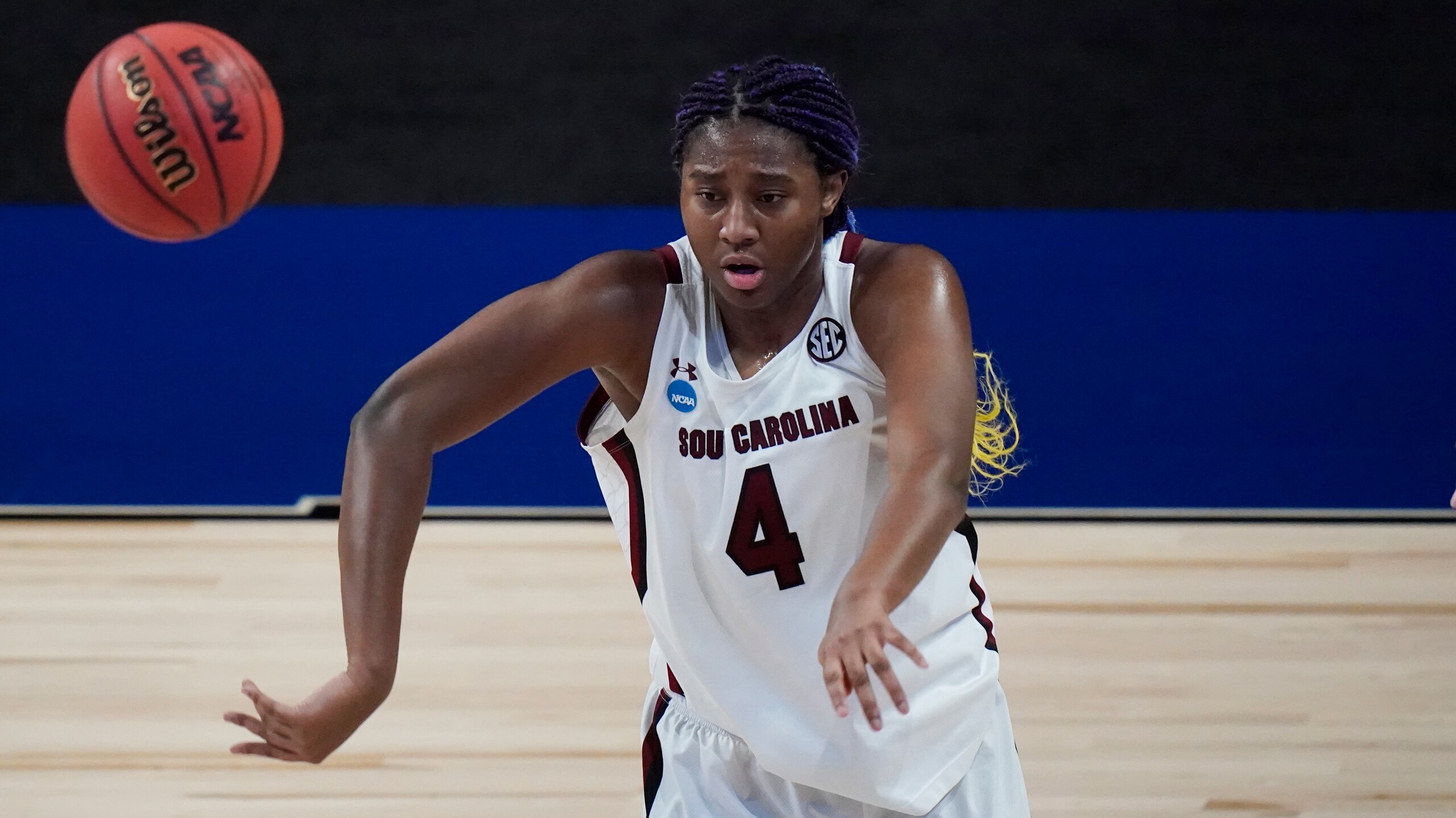 South Carolina forward Aliyah Boston (4) during the first half of a college basketball game against the Oregon State in the second round of the women's NCAA tournament at the Alamodome in San Antonio, Tuesday, March 23, 2021. (AP Photo/Eric Gay)