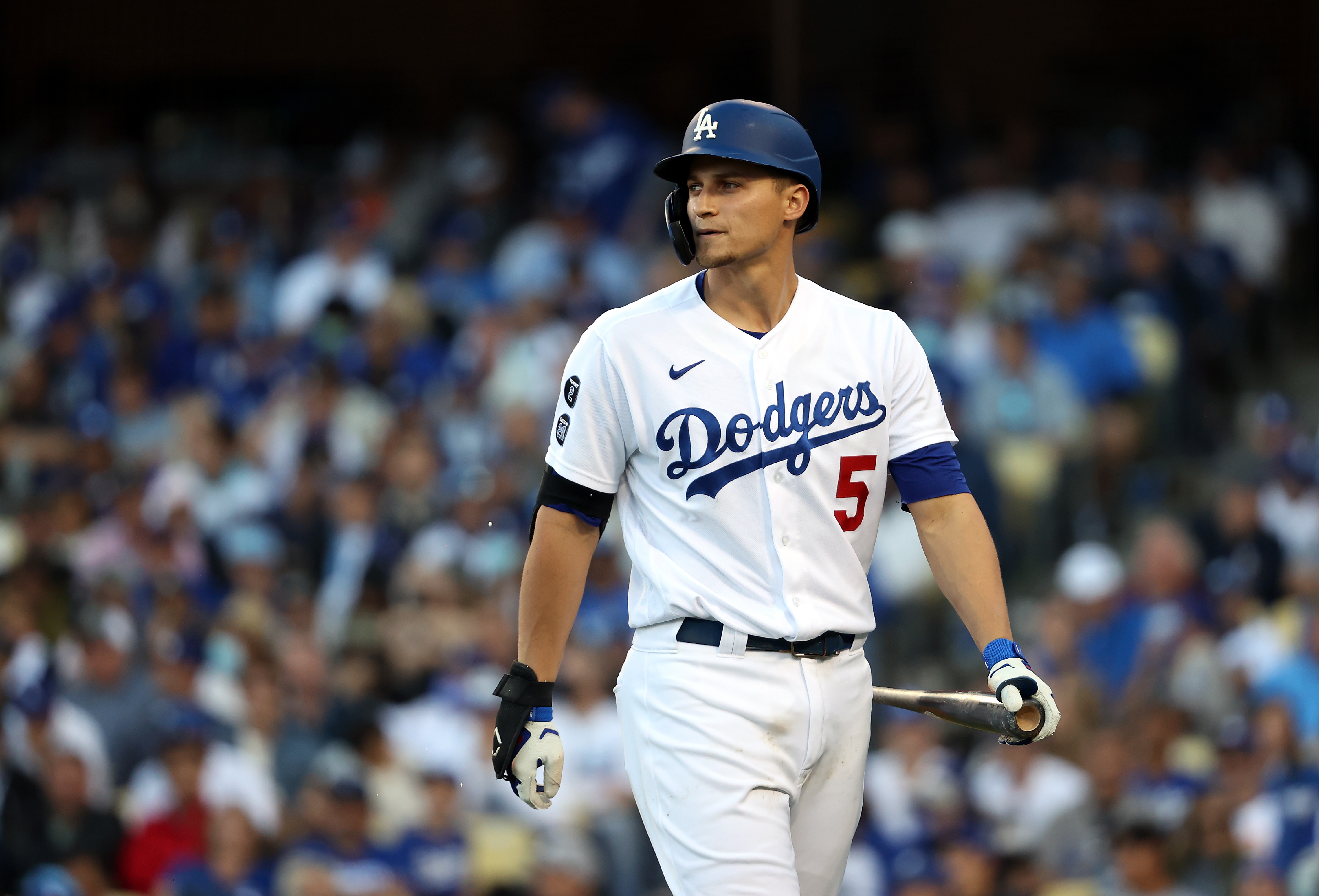 LOS ANGELES, CALIFORNIA - OCTOBER 19:  Corey Seager #5 of the Los Angeles Dodgers strikes out during the 7th inning of Game 3 of the National League Championship Series against the Atlanta Braves at Dodger Stadium on October 19, 2021 in Los Angeles, California. (Photo by Sean M. Haffey/Getty Images)