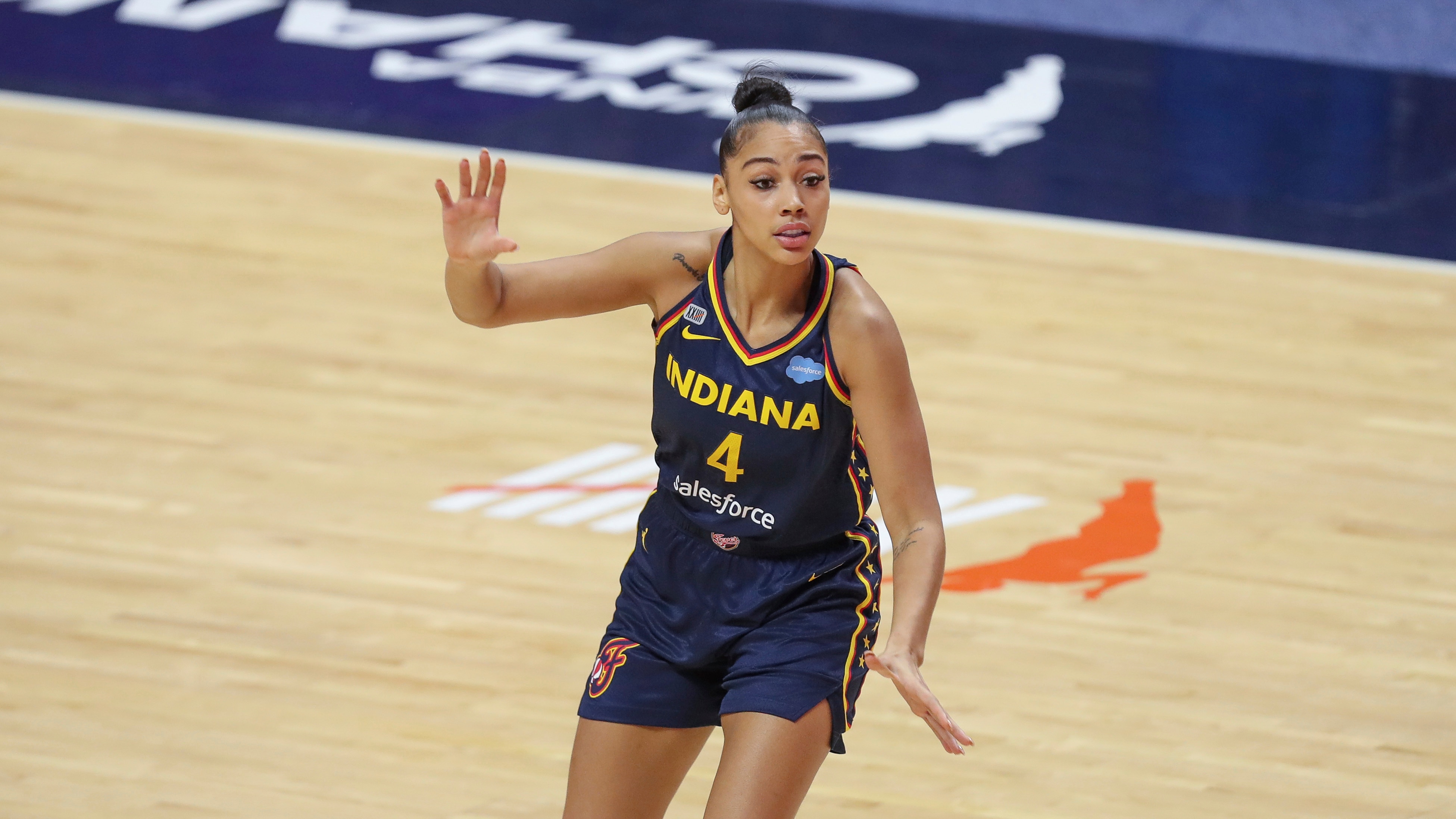 Indiana Fever's Kysre Gondrezick (4) during a WNBA basketball game against the Connecticut Sun , Wednesday, May 19, 2021, in Uncasville, Conn. (AP Photo/Stew Milne)