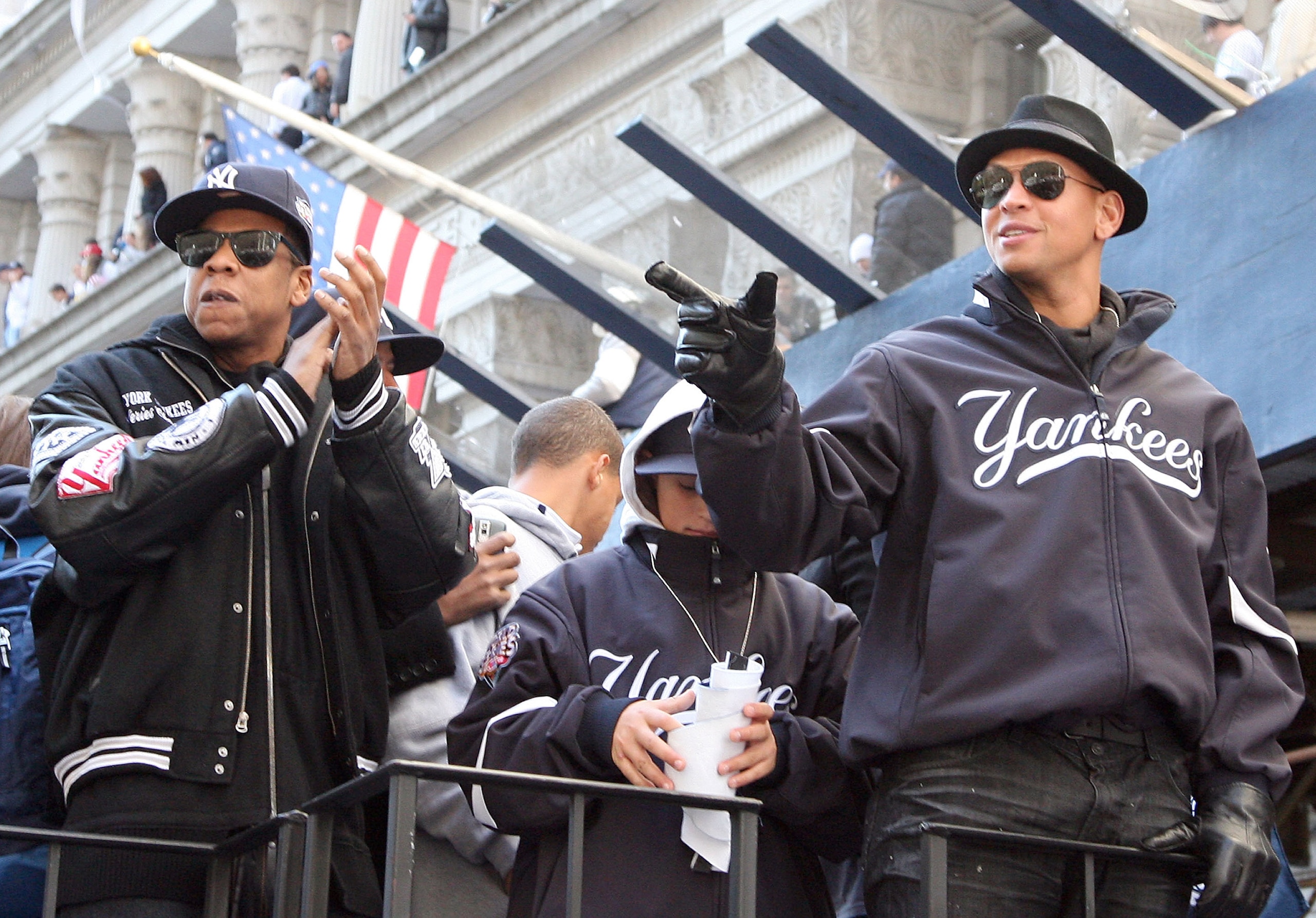 NEW YORK - NOVEMBER 06:  Rapper, Jay-Z and Yankee third baseman, Alex Rodriguez celebrate during the 2009 New York Yankees World Series Victory Parade on November 6, 2009 in New York City.  (Photo by Kevin Kane/WireImage)