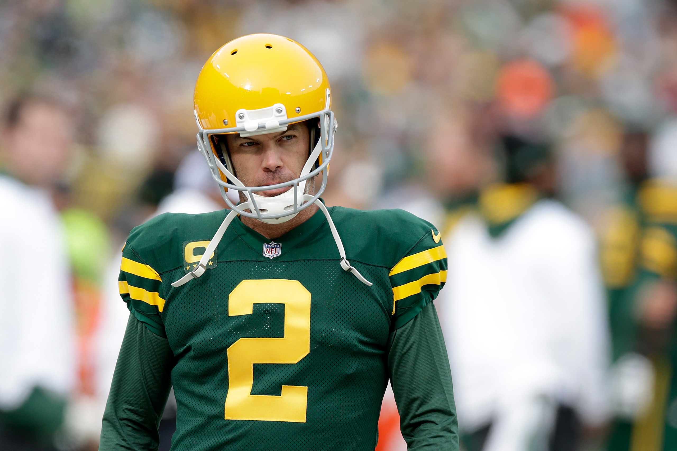 GREEN BAY, WISCONSIN - OCTOBER 24: Mason Crosby #2 of the Green Bay Packers looks on during the game against the Washington Football Team at Lambeau Field on October 24, 2021 in Green Bay, Wisconsin. Green Bay defeated Washington 24-10. (Photo by John Fisher/Getty Images)