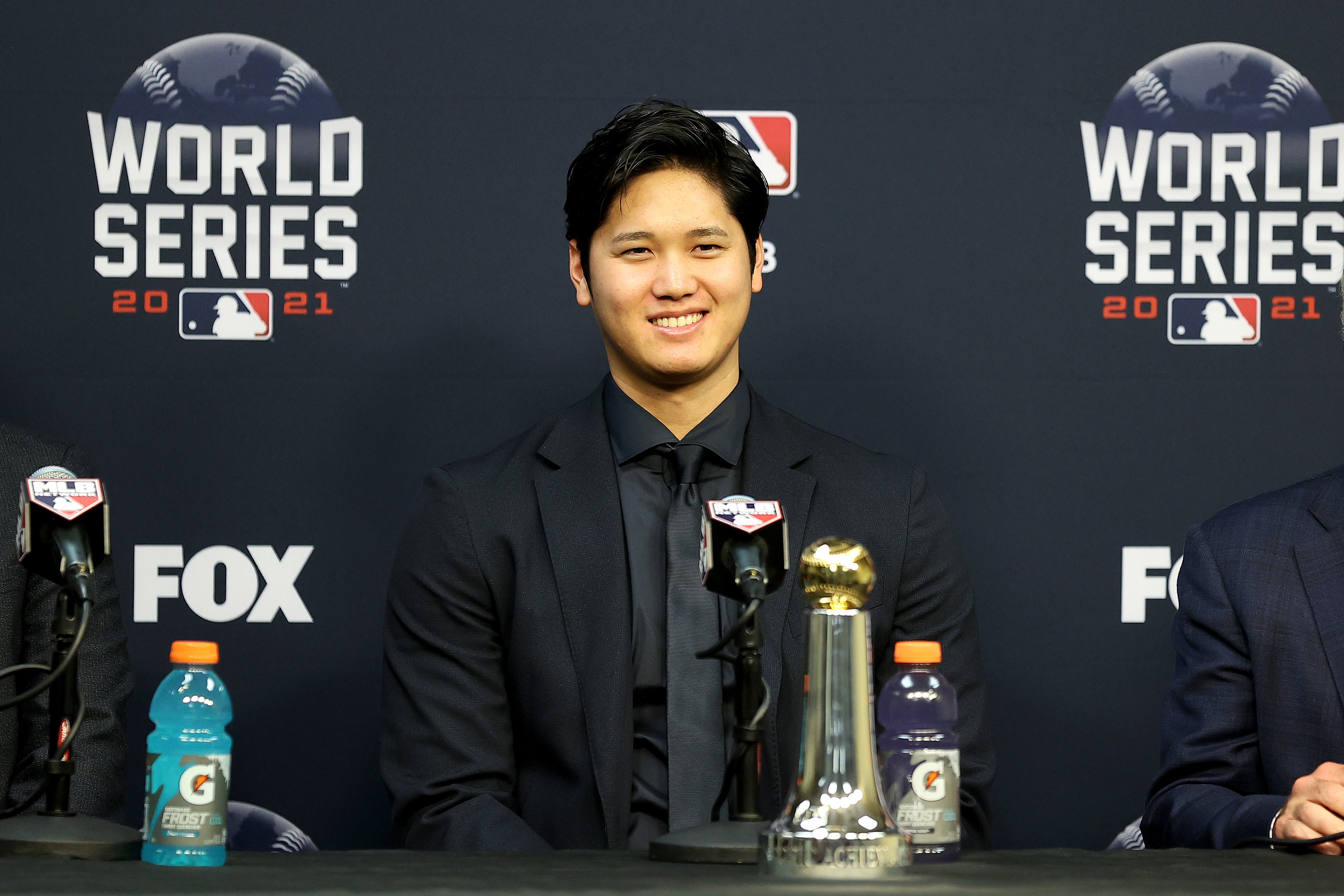 HOUSTON, TEXAS - OCTOBER 26:  Shohei Ohtani of the Los Angeles Angels is presented with the Commissioner's Historic Achievement Award prior to Game One of the World Series between the Atlanta Braves and the Houston Astros at Minute Maid Park on October 26, 2021 in Houston, Texas. (Photo by Bob Levey/Getty Images)