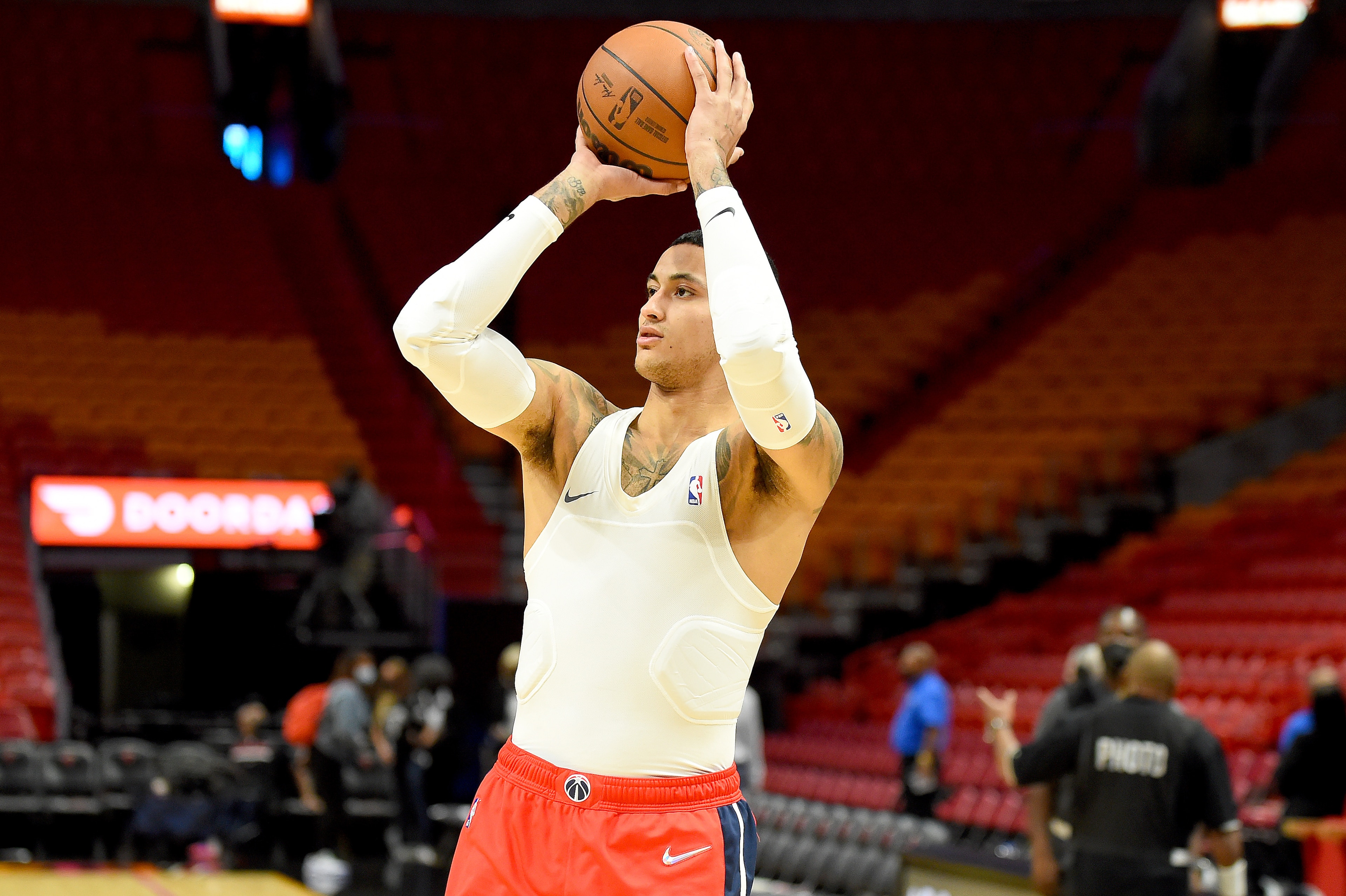 MIAMI, FLORIDA - NOVEMBER 18: Kyle Kuzma #33 of the Washington Wizards warms up before the start of the game against the Miami Heat at FTX Arena on November 18, 2021 in Miami, Florida. NOTE TO USER: User expressly acknowledges and agrees that, by downloading and or using this photograph, User is consenting to the terms and conditions of the Getty Images License Agreement. (Photo by Eric Espada/Getty Images) MIAMI, FLORIDA - NOVEMBER 18: Kyle Kuzma #33 of the Washington Wizards warms up before the start of the game against the Miami Heat at FTX Arena on November 18, 2021 in Miami, Florida. NOTE TO USER: User expressly acknowledges and agrees that, by downloading and or using this photograph, User is consenting to the terms and conditions of the Getty Images License Agreement. (Photo by Eric Espada/Getty Images)