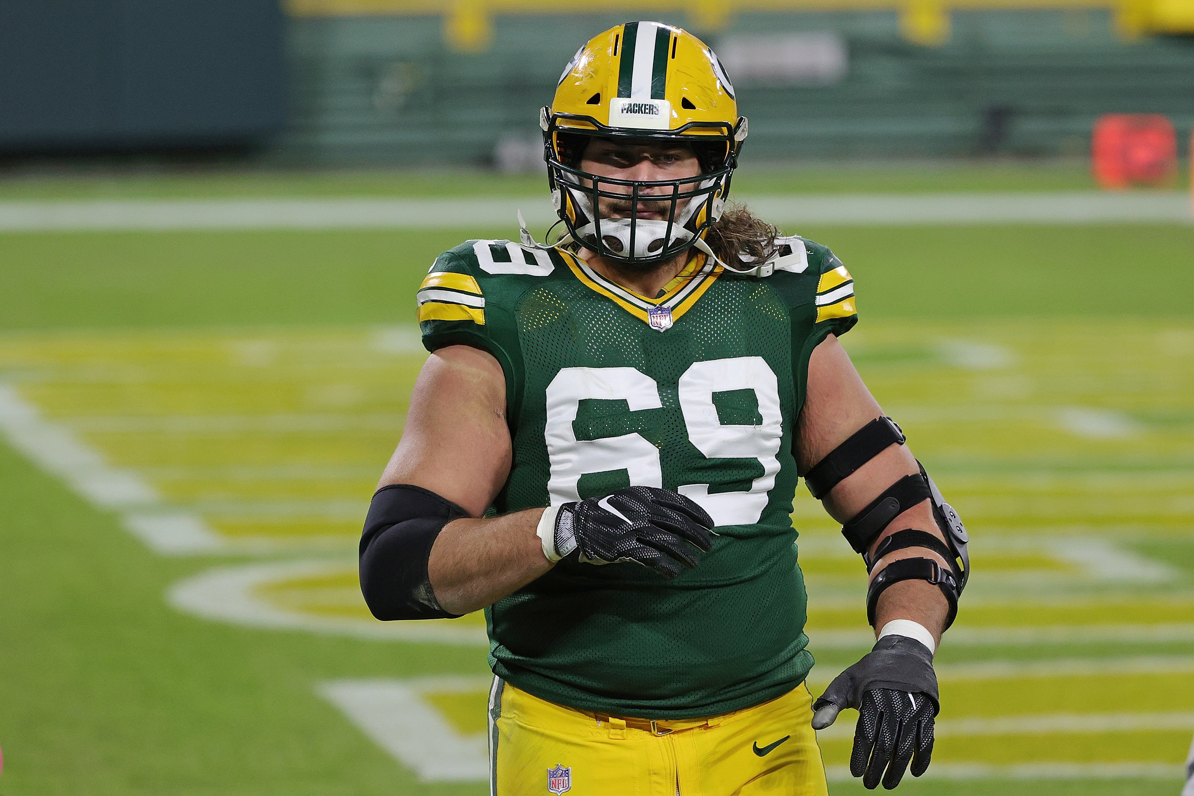 GREEN BAY, WISCONSIN - NOVEMBER 29: David Bakhtiari #69 of the Green Bay Packers leaves the field at halftime of a game against the Chicago Bears at Lambeau Field on November 29, 2020 in Green Bay, Wisconsin. The Packers defeated the Bears 45-21. (Photo by Stacy Revere/Getty Images)