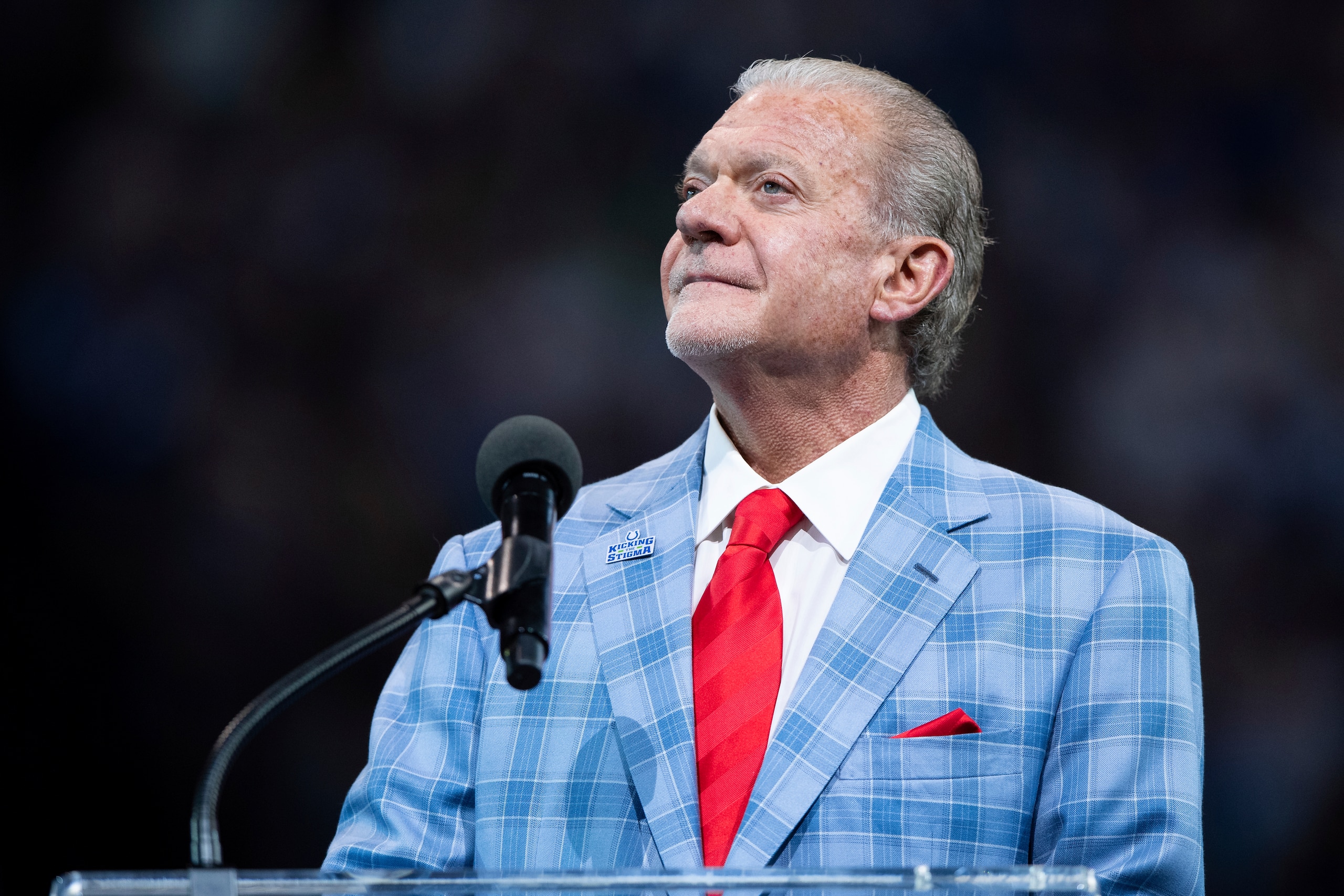Indianapolis Colts owner Jim Irsay talks during the Hall of Fame ring ceremony for Peyton Manning and Edgerrin James during an NFL football game, Sunday, Sept. 19, 2021, in Indianapolis. (AP Photo/Zach Bolinger)