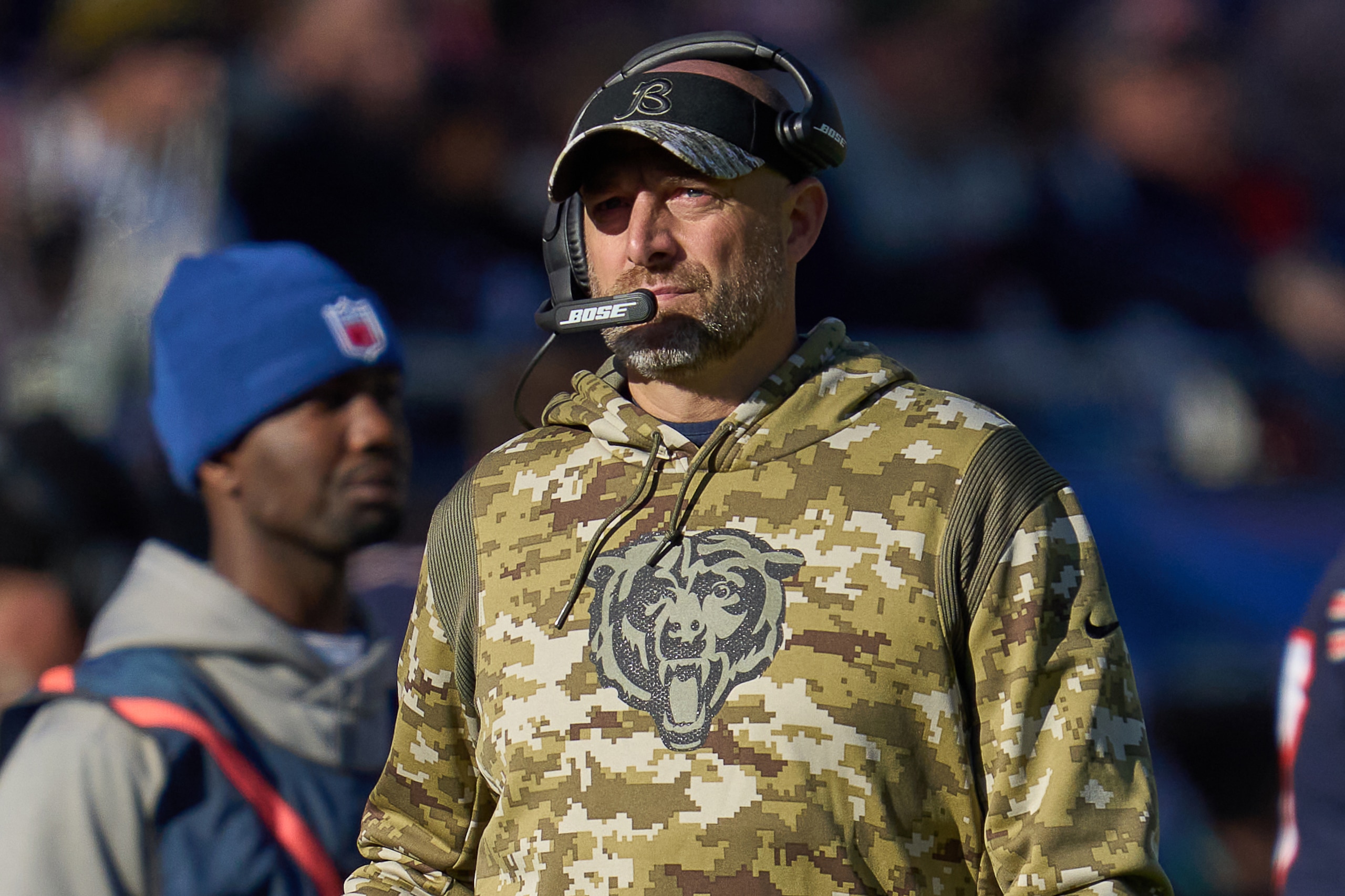 CHICAGO, IL - NOVEMBER 21: Chicago Bears head coach Matt Nagy looks on during a game between the Chicago Bears and the Baltimore Ravens on November 21, 2021 at Soldier Field, in Chicago, IL. (Photo by Robin Alam/Icon Sportswire via Getty Images)