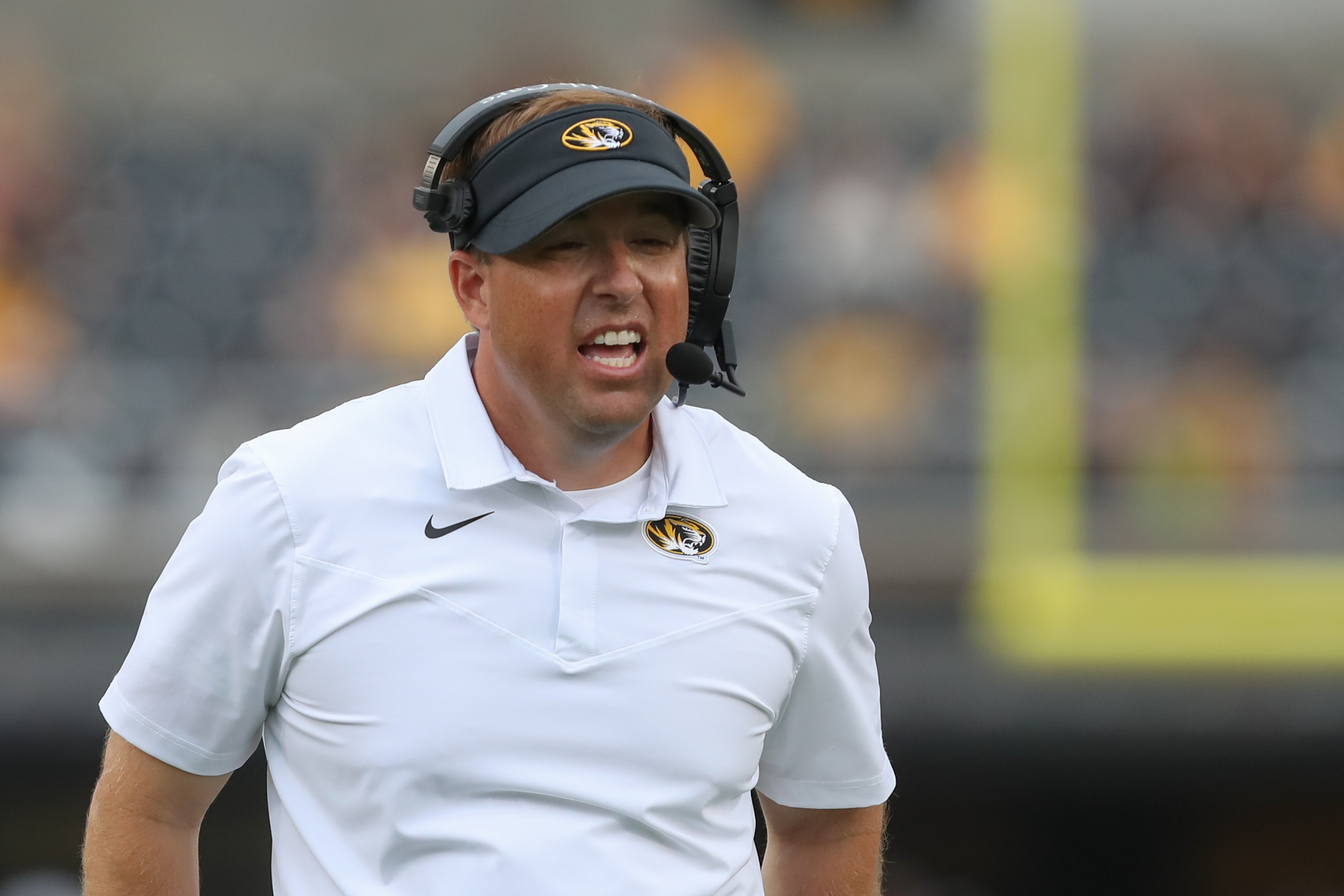 COLUMBIA, MO - SEPTEMBER 04: Missouri Tigers head coach Eli Drinkwitz during a college football game between the Central Michigan Chippewas and Missouri Tigers on Sep 4, 2021 at Memorial Stadium at Faurot Field in Columbia, MO. (Photo by Scott Winters/Icon Sportswire via Getty Images)