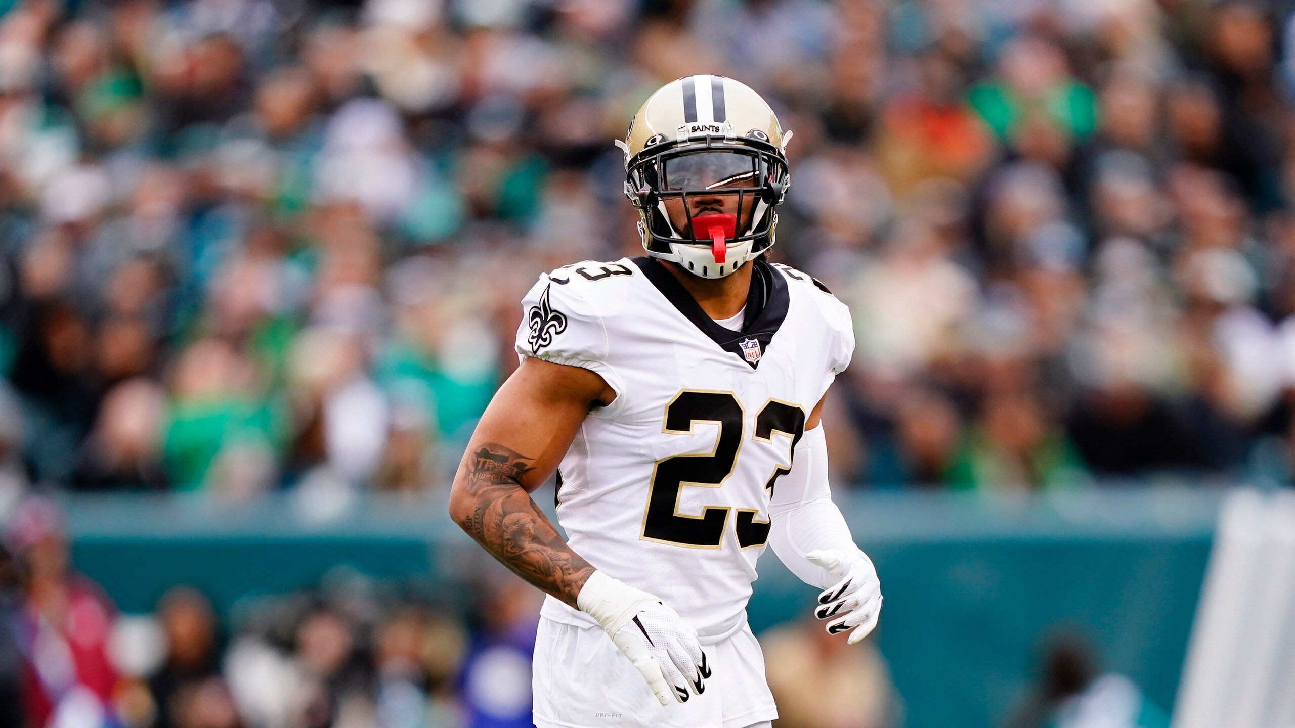 New Orleans Saints cornerback Marshon Lattimore in action during an NFL football game against the Philadelphia Eagles Sunday, Nov. 21, 2021, in Philadelphia. (AP Photo/Matt Rourke) New Orleans Saints cornerback Marshon Lattimore in action during an NFL football game against the Philadelphia Eagles Sunday, Nov. 21, 2021, in Philadelphia. (AP Photo/Matt Rourke)