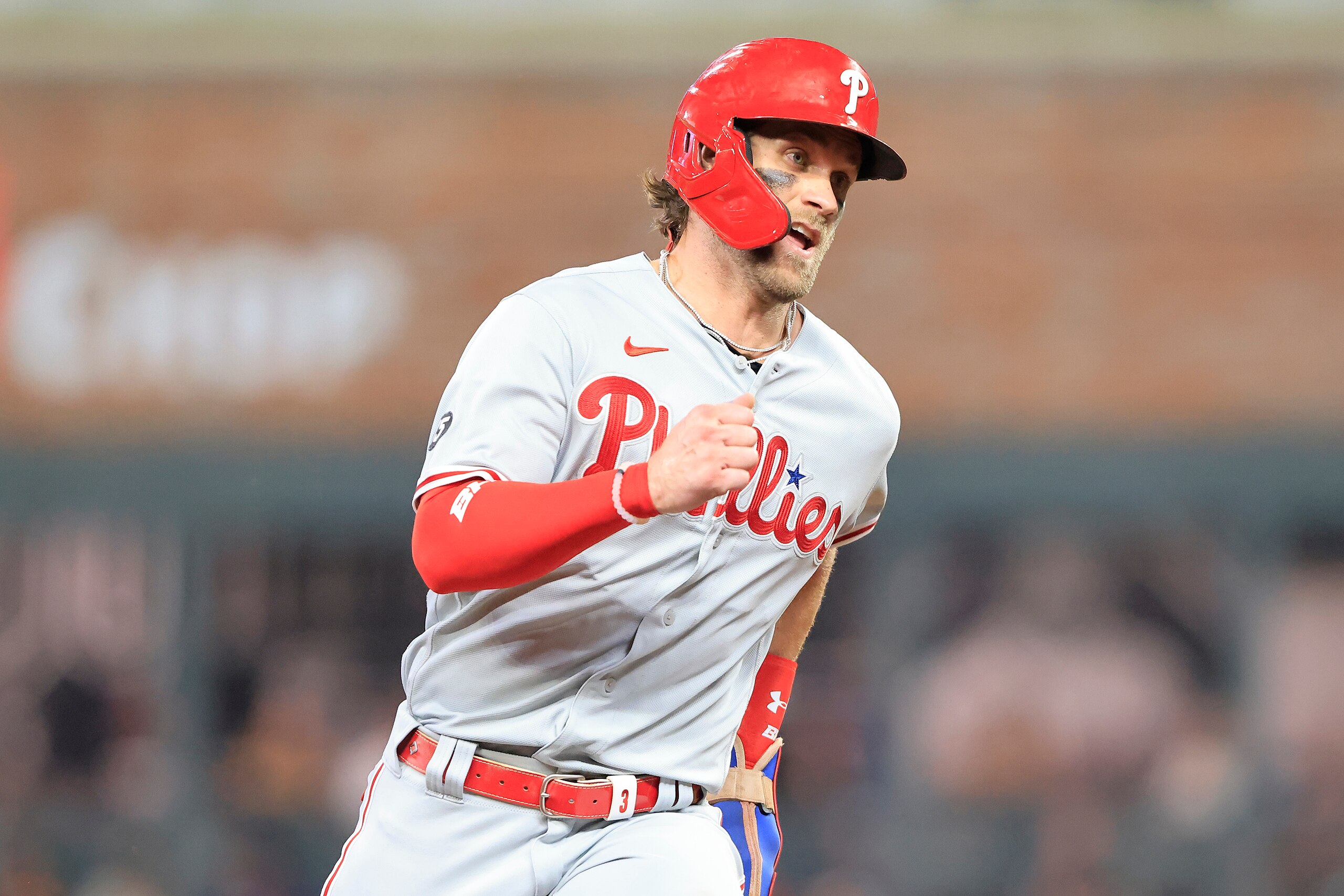 ATLANTA, GA - SEPTEMBER 28: Bryce Harper #3 of the Philadelphia Phillies heads towards third base during the Tuesday evening MLB game between the Philadelphia Phillies and the Atlanta Braves on September 28, 2021 at Truist Park in Atlanta, Georgia.   (Photo by David J. Griffin/Icon Sportswire via Getty Images)
