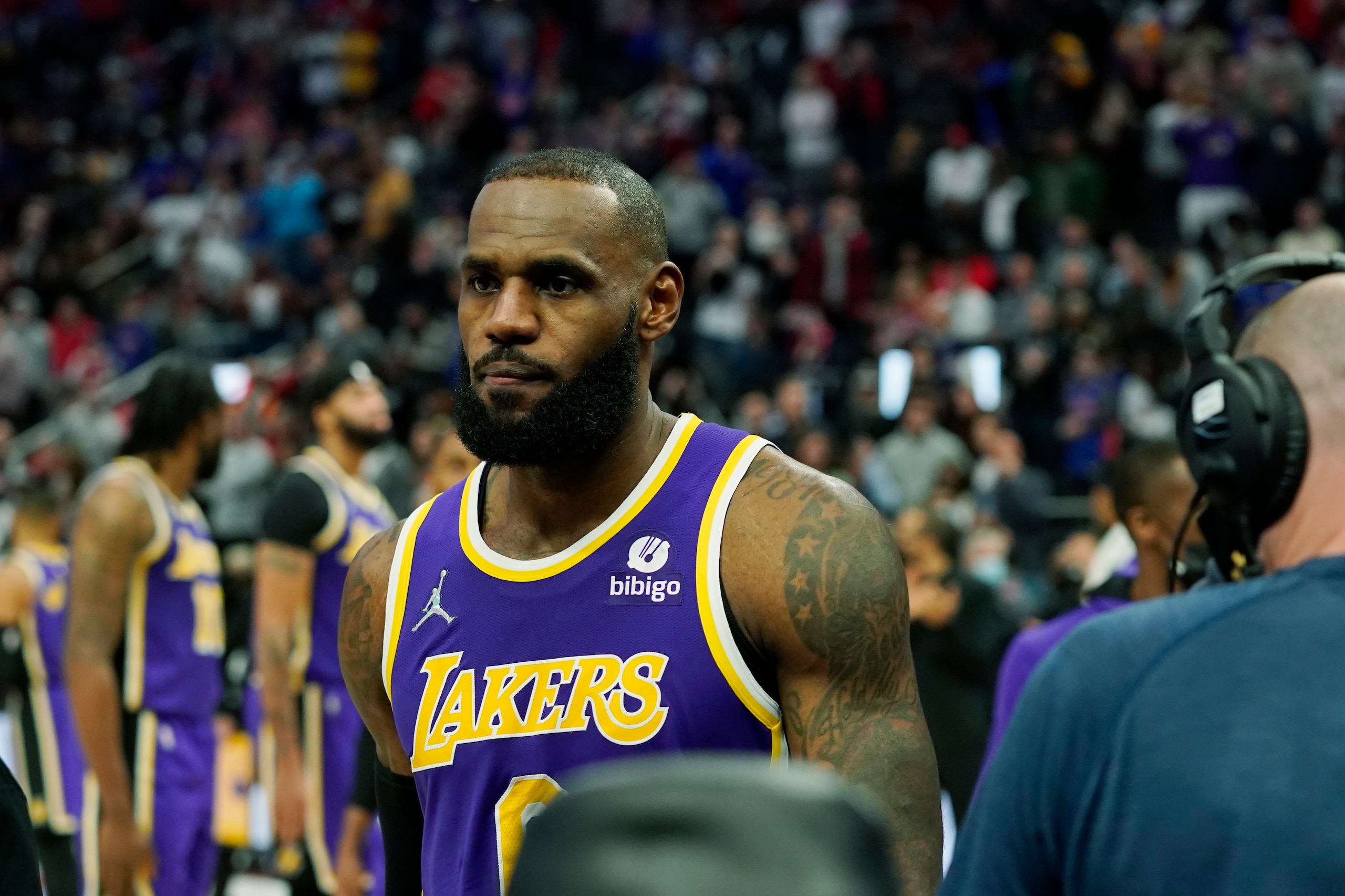 Los Angeles Lakers forward LeBron James is ejected after fouling Detroit Pistons center Isaiah Stewart during the second half of an NBA basketball game, Sunday, Nov. 21, 2021, in Detroit. (AP Photo/Carlos Osorio)