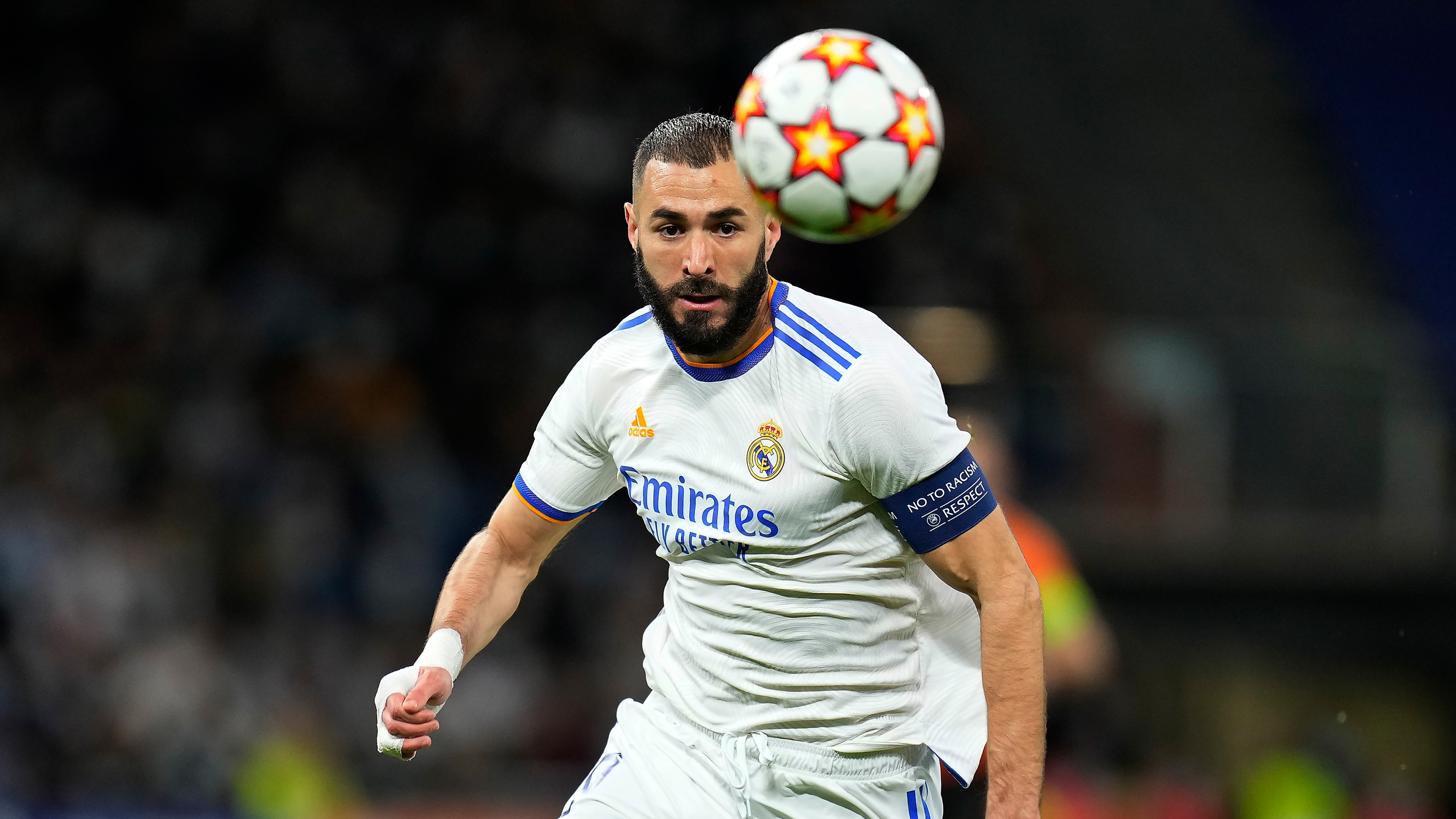 Real Madrid's Karim Benzema chases the ball during a Group D Champions League soccer match between Real Madrid and Shakhtar Donetsk at the Santiago Bernabeu stadium in Madrid Spain, Wednesday, Nov. 3, 2021. (AP Photo/Manu Fernandez)